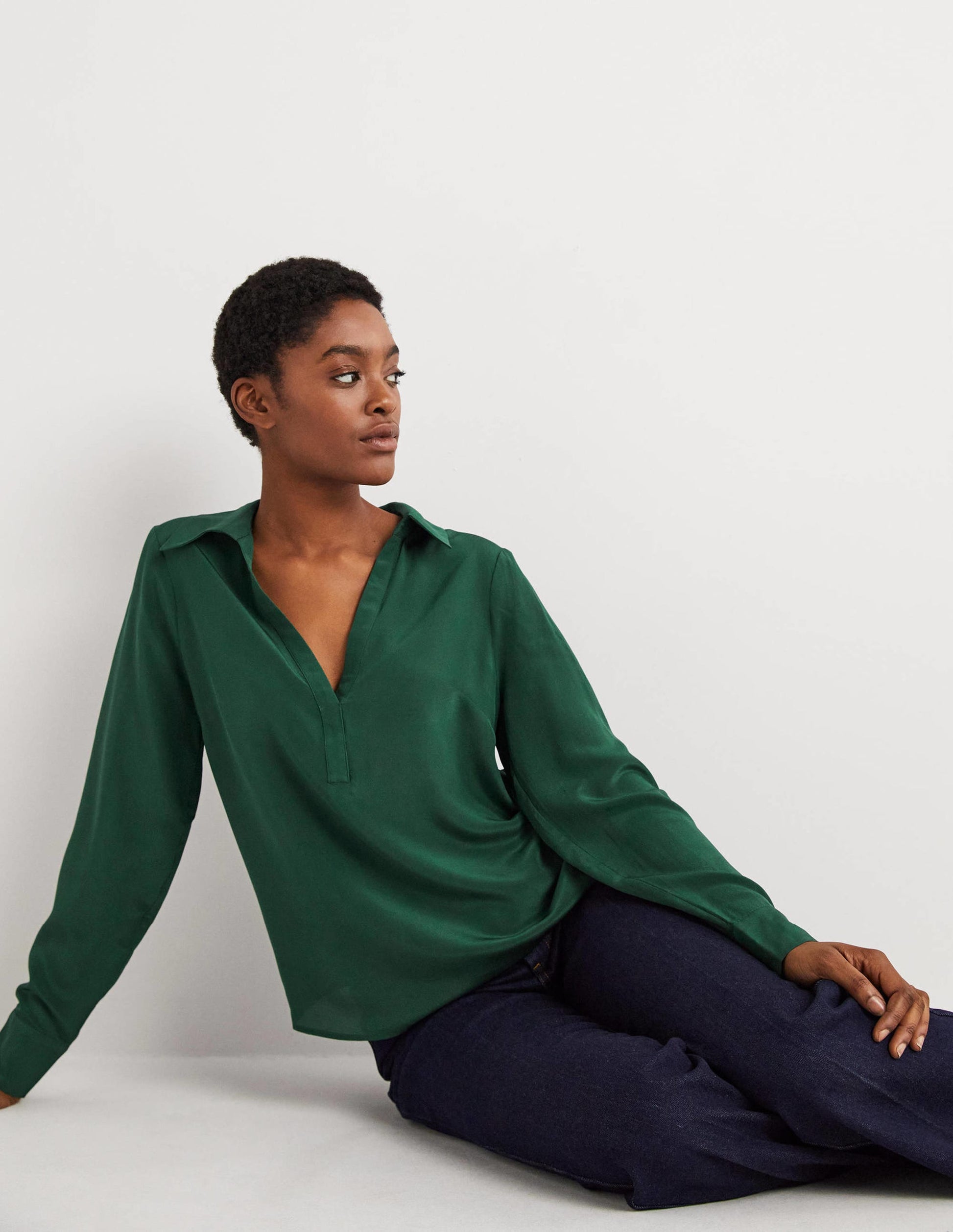 Collared Silk Top-Hunter Green-1