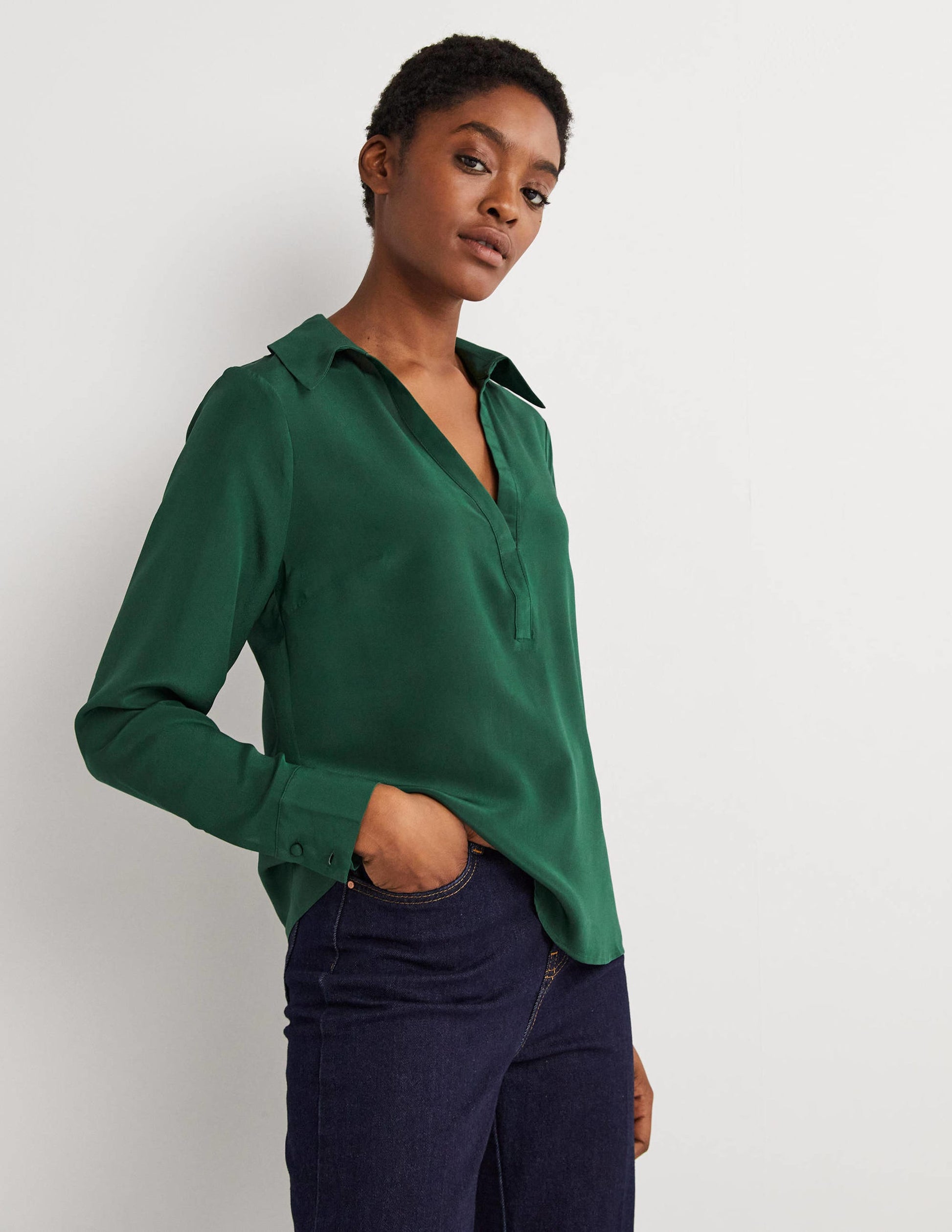 Collared Silk Top-Hunter Green-4