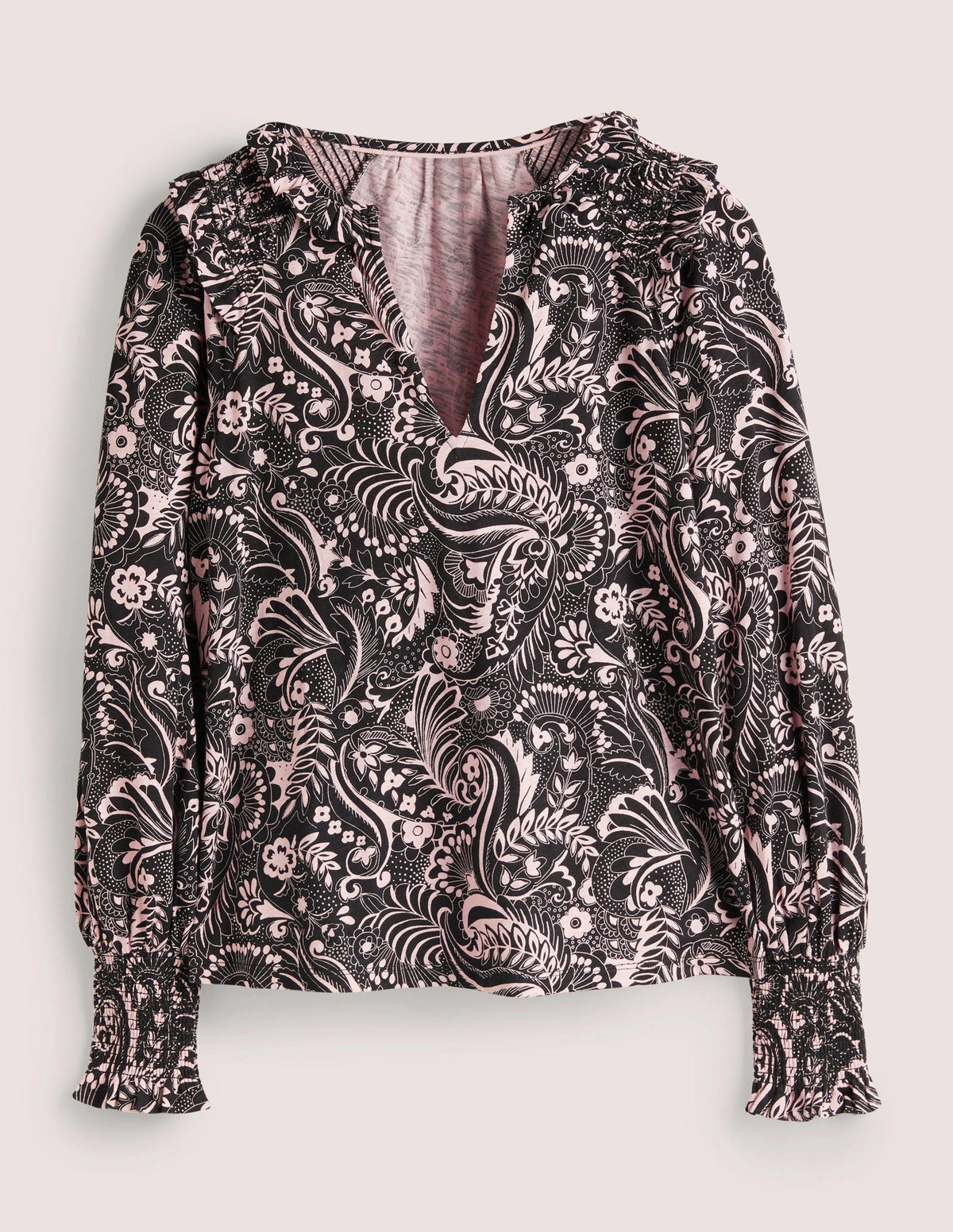 Notch Neck Smocked Frill Top-Black, Paisley Dot-6