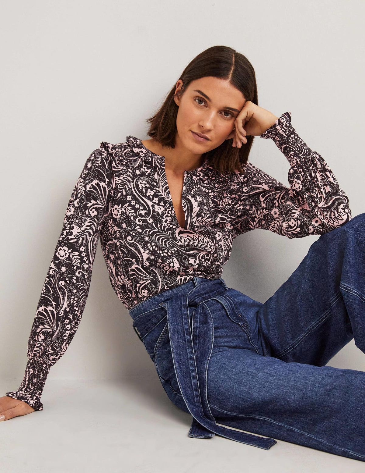 Notch Neck Smocked Frill Top-Black, Paisley Dot - Image 1