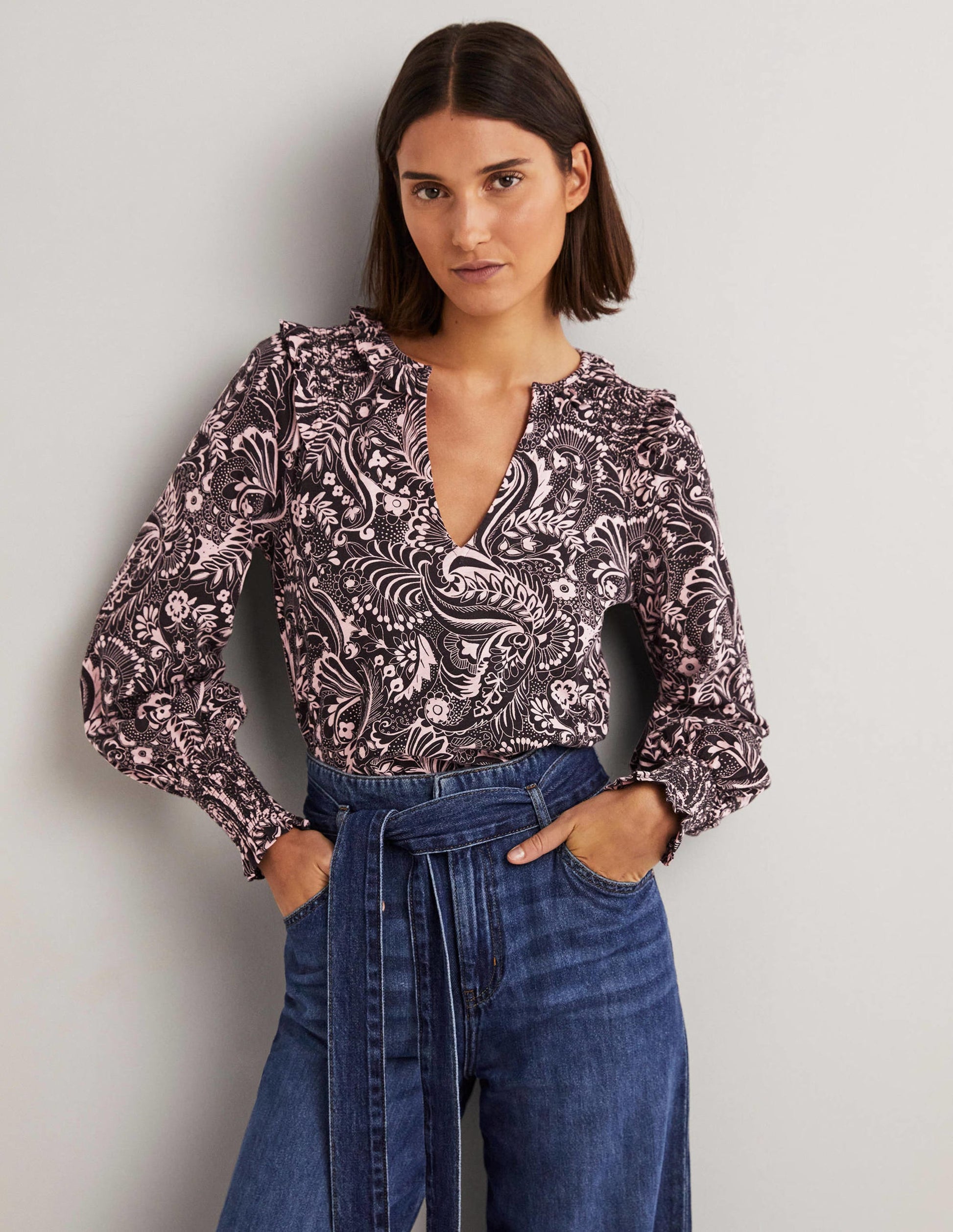 Notch Neck Smocked Frill Top-Black, Paisley Dot-2