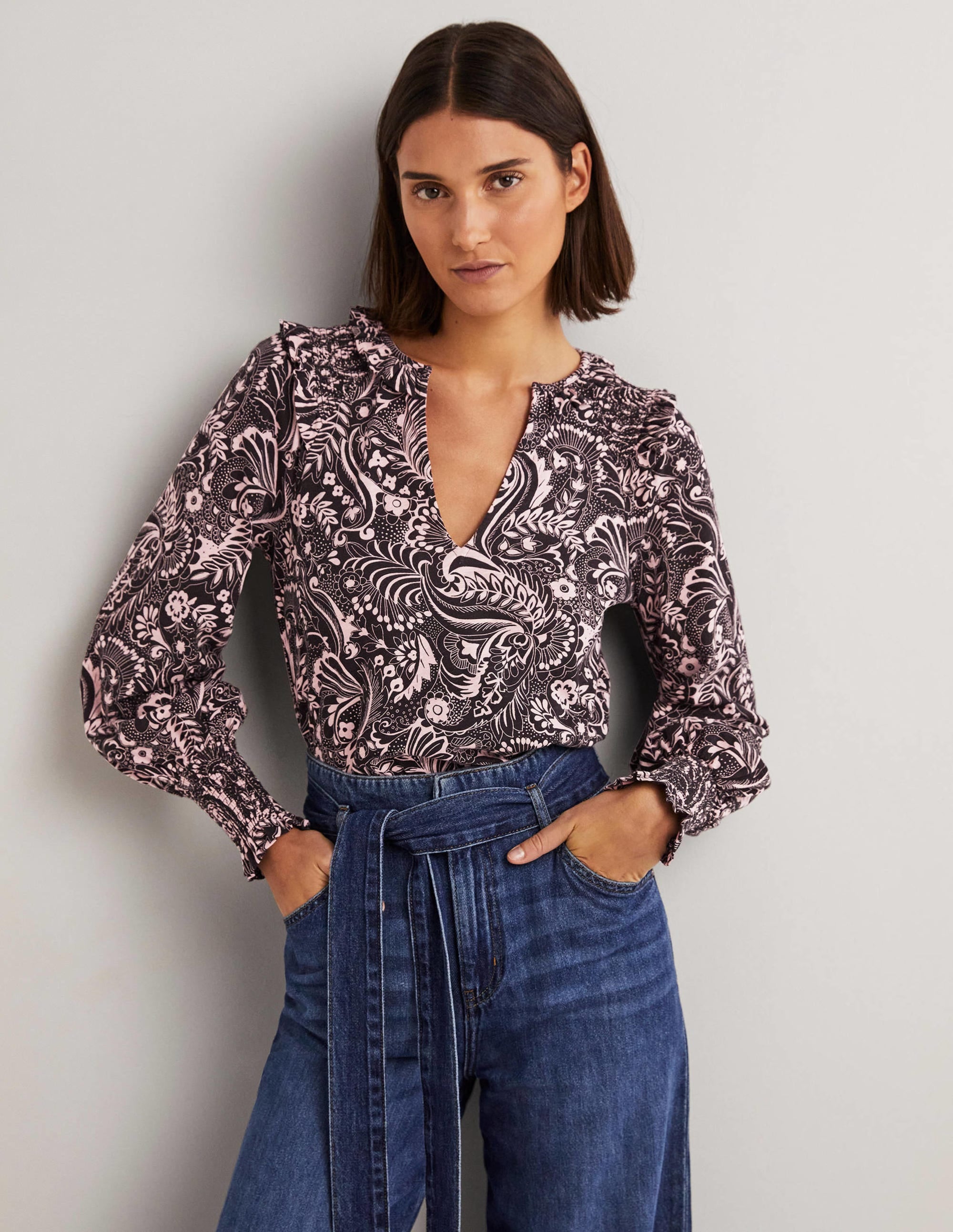 Notch Neck Smocked Frill Top-Black, Paisley Dot - Image 2