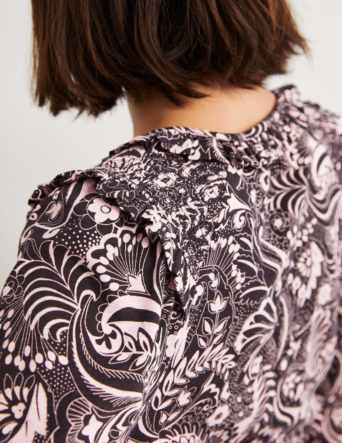 Notch Neck Smocked Frill Top-Black, Paisley Dot - Image 3