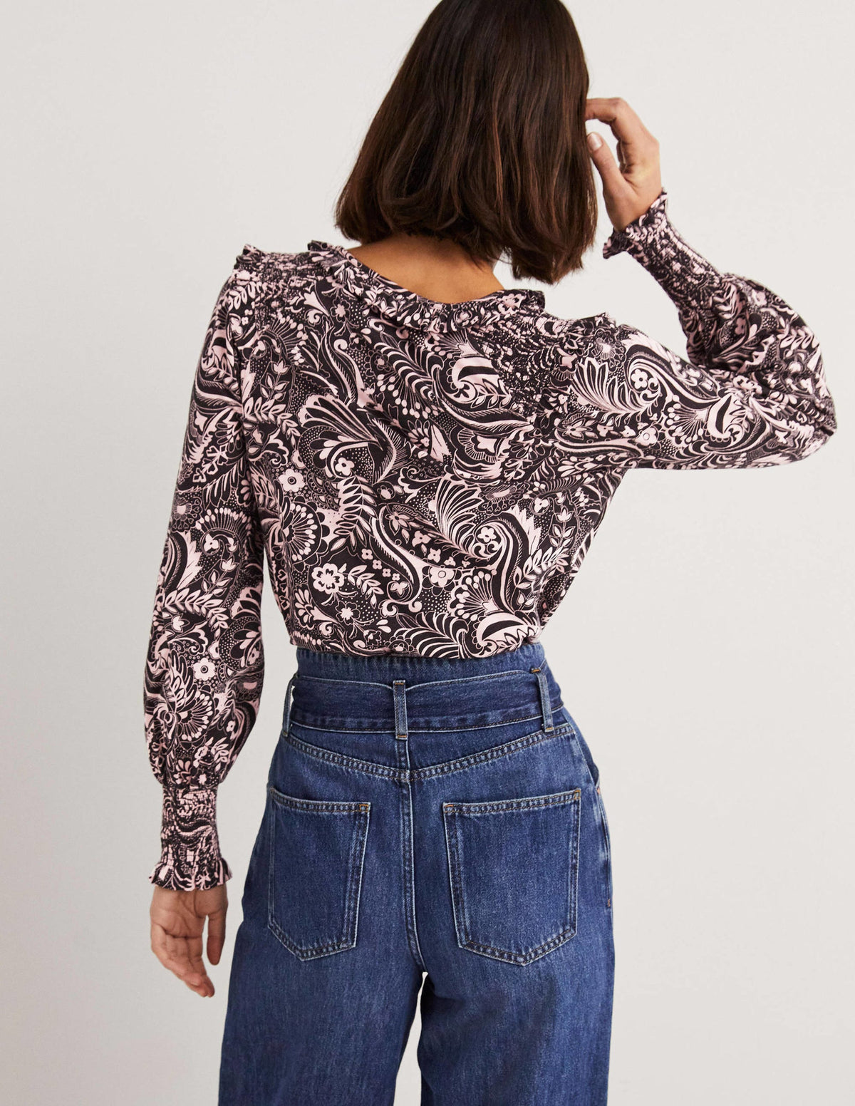 Notch Neck Smocked Frill Top-Black, Paisley Dot - Image 4