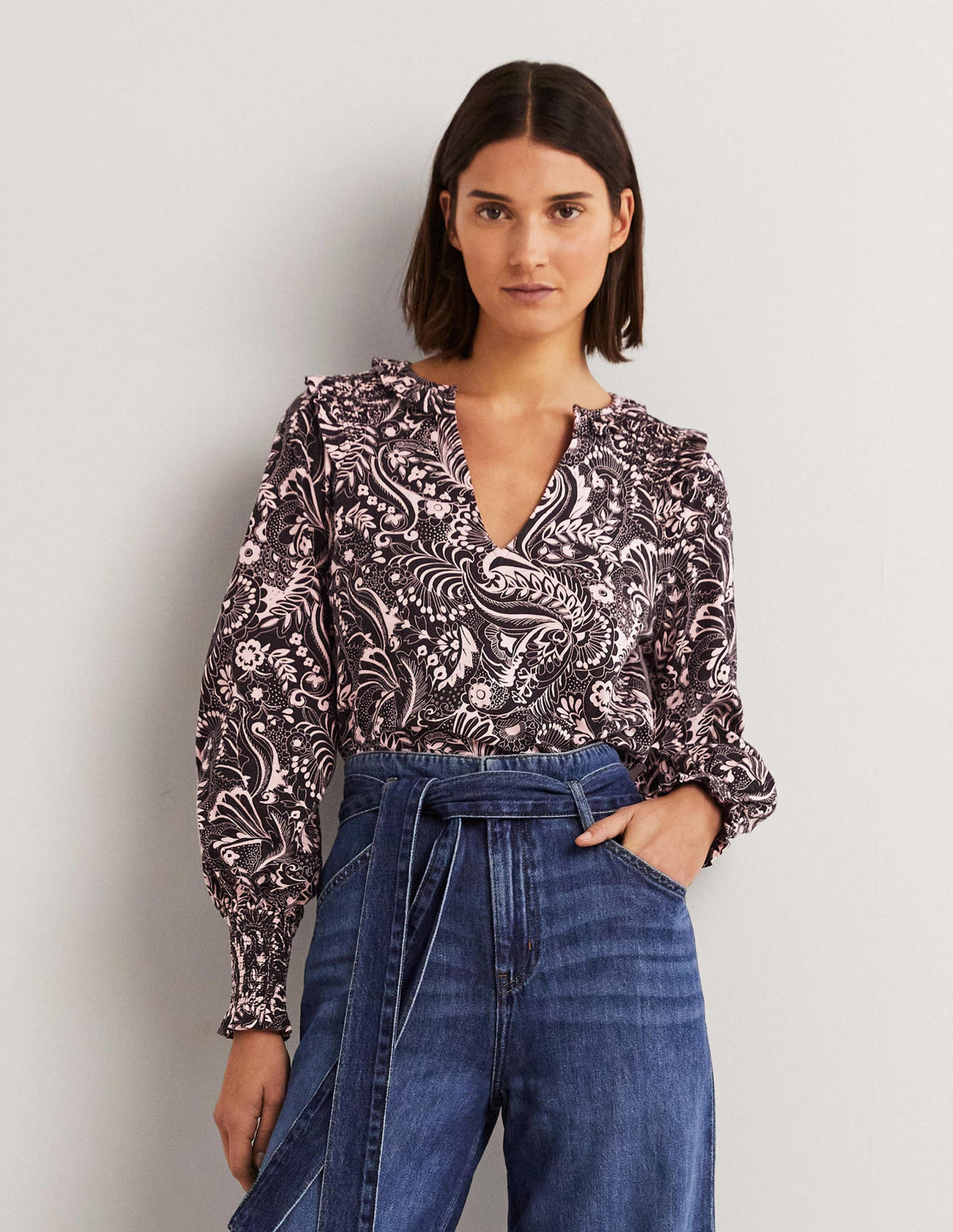 Notch Neck Smocked Frill Top-Black, Paisley Dot-5