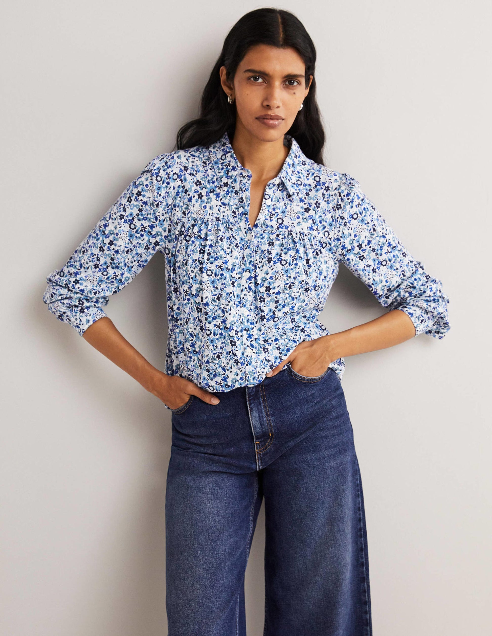 Gathered Detail Shirt-Dusty Blue, Floret Meadow-1