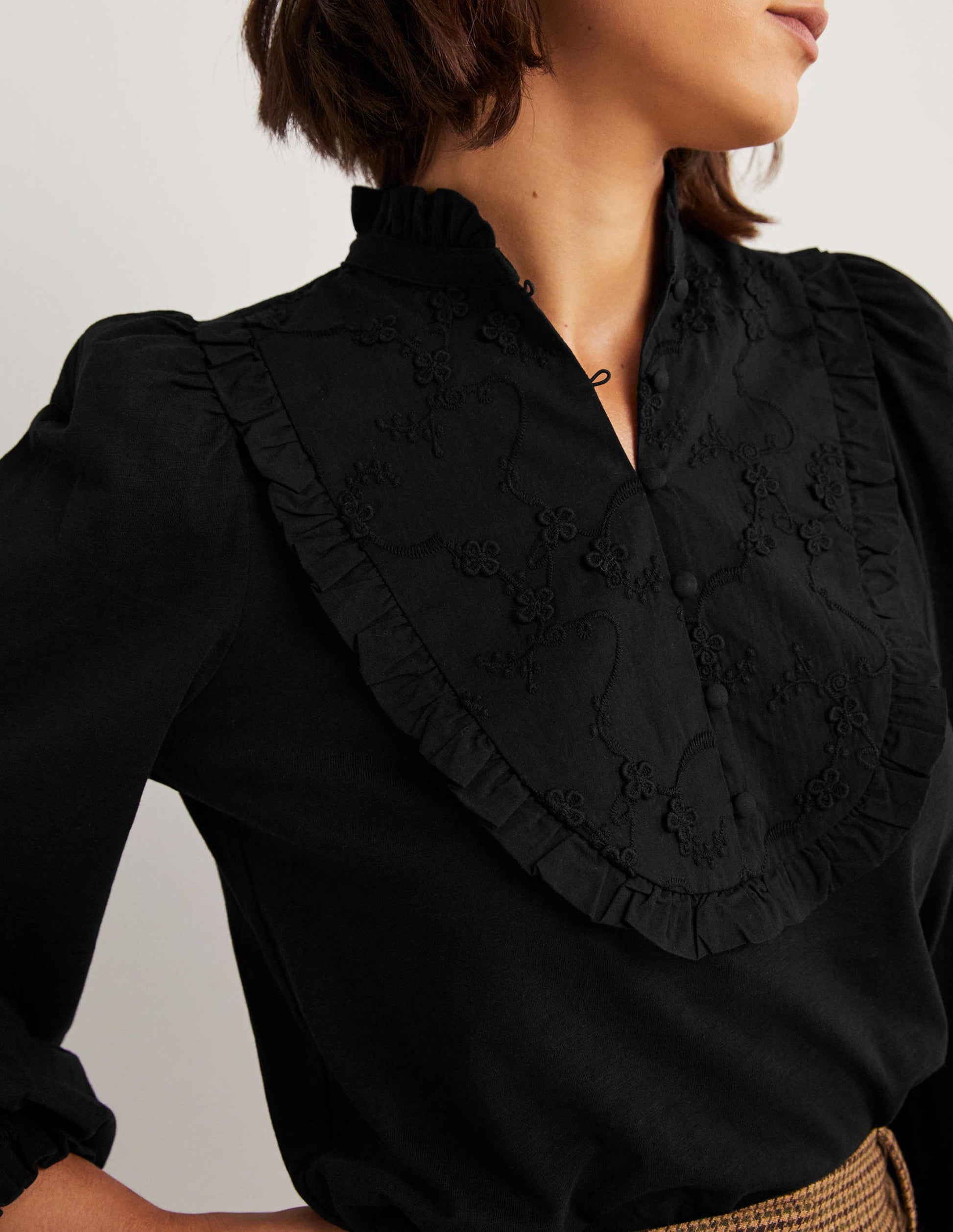 Embroidered Woven Mix Top-Black-2