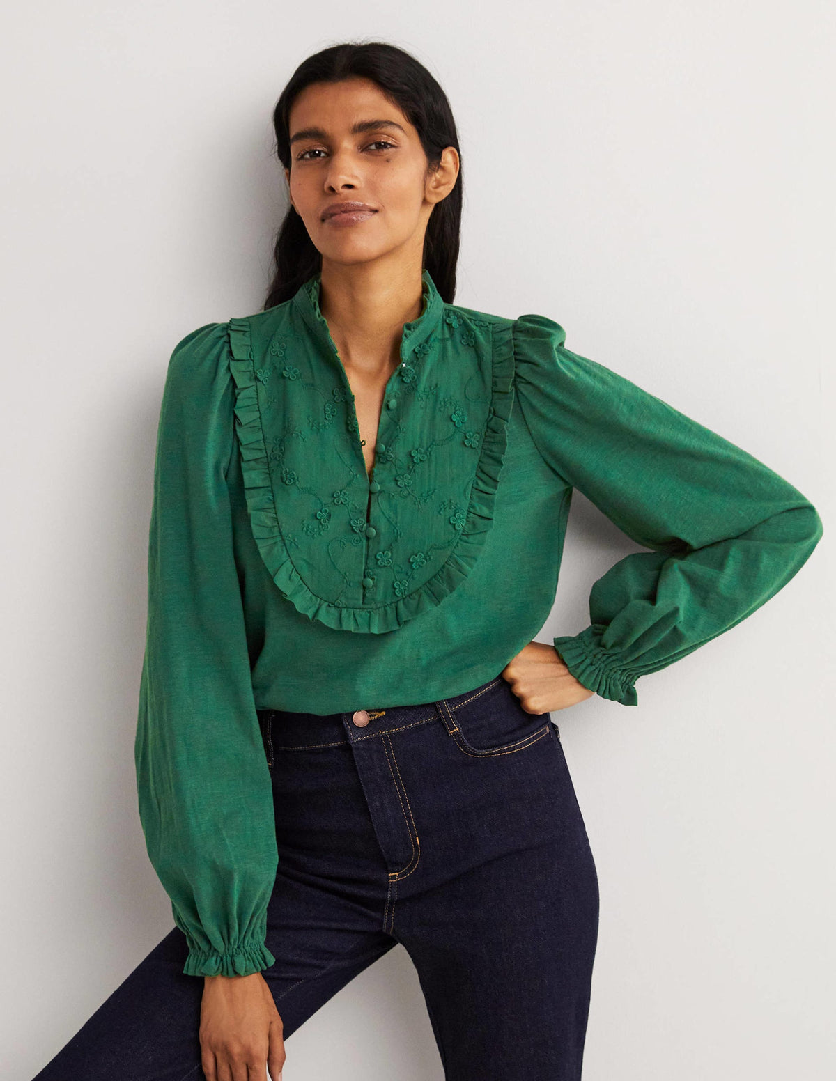 Embroidered Woven Mix Top-Hunter Green-1