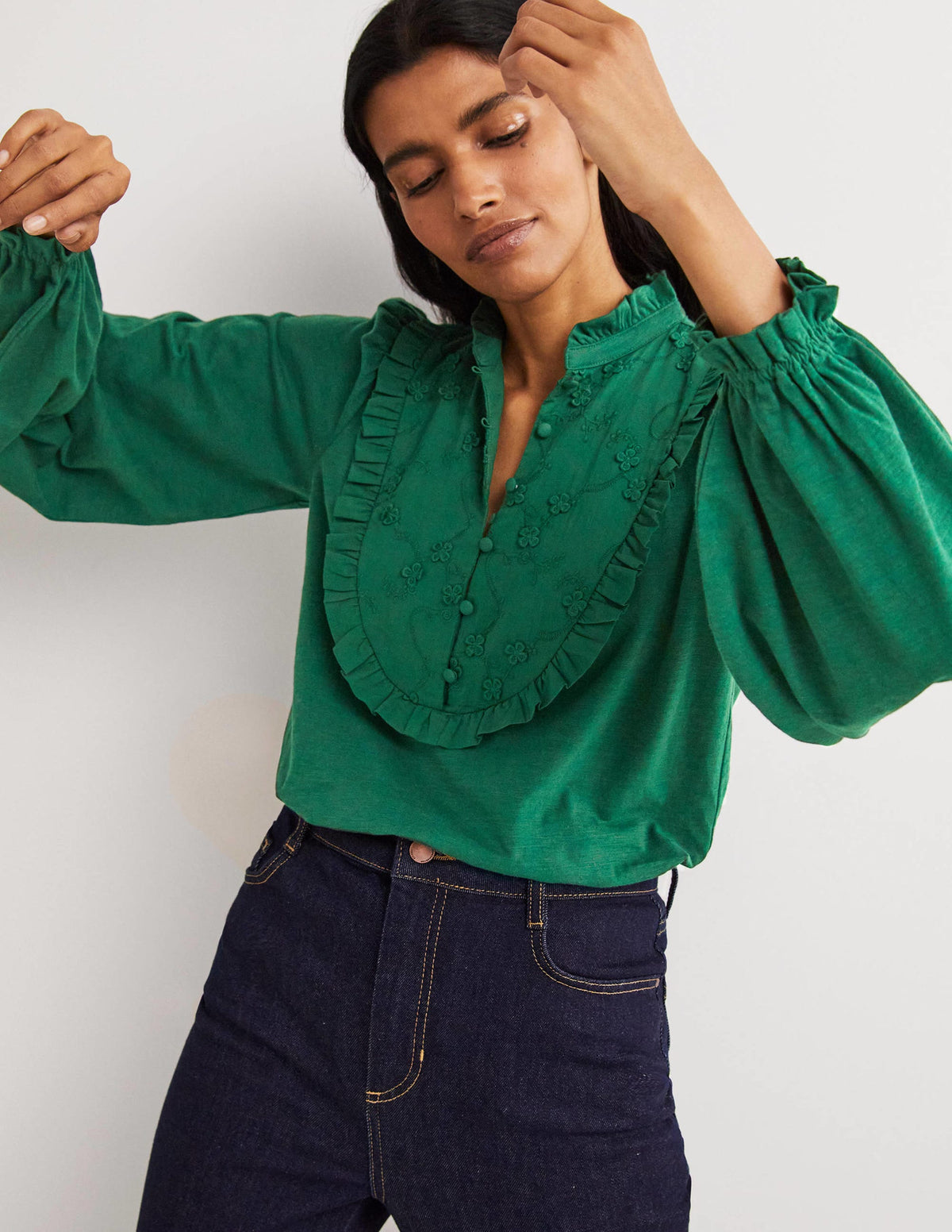 Embroidered Woven Mix Top-Hunter Green-2
