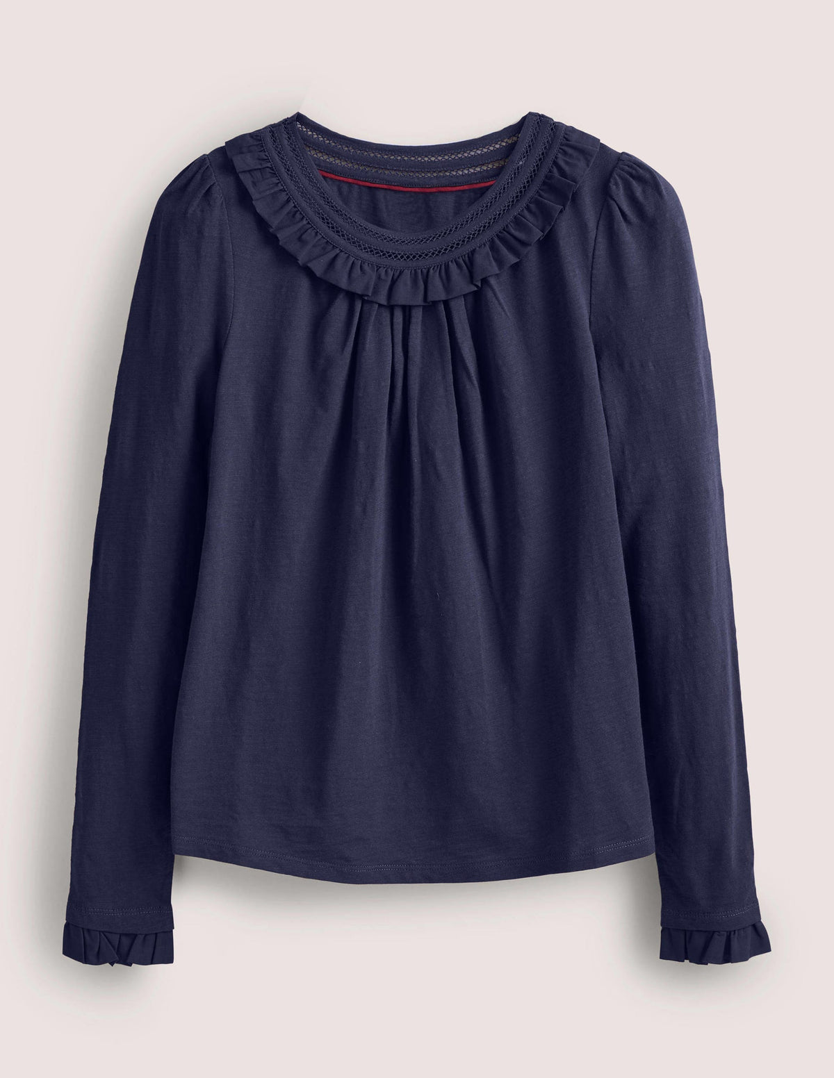 Frill Trim Crew Neck Top-Navy-6