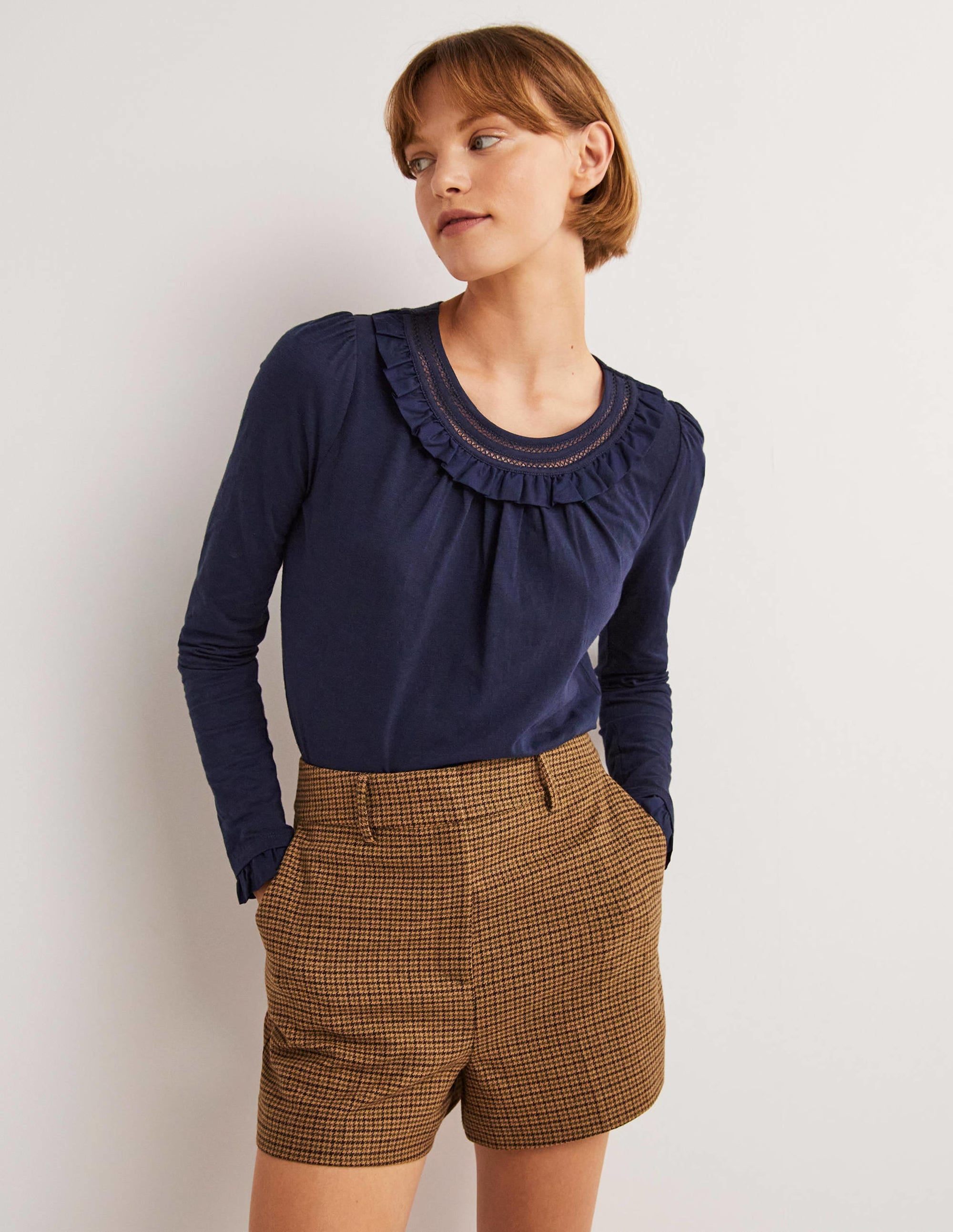 Frill Trim Crew Neck Top-Navy - Image 1