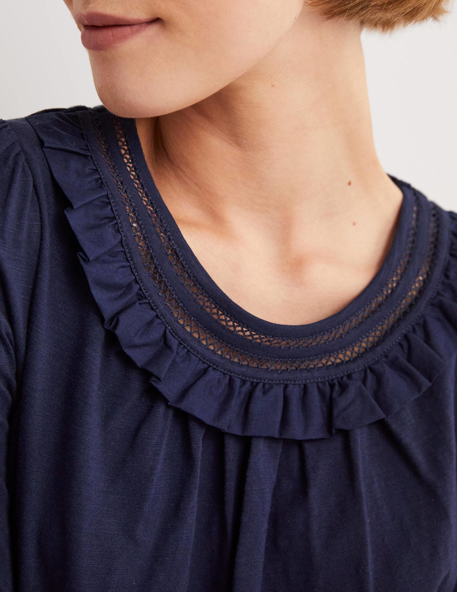 Frill Trim Crew Neck Top-Navy-2