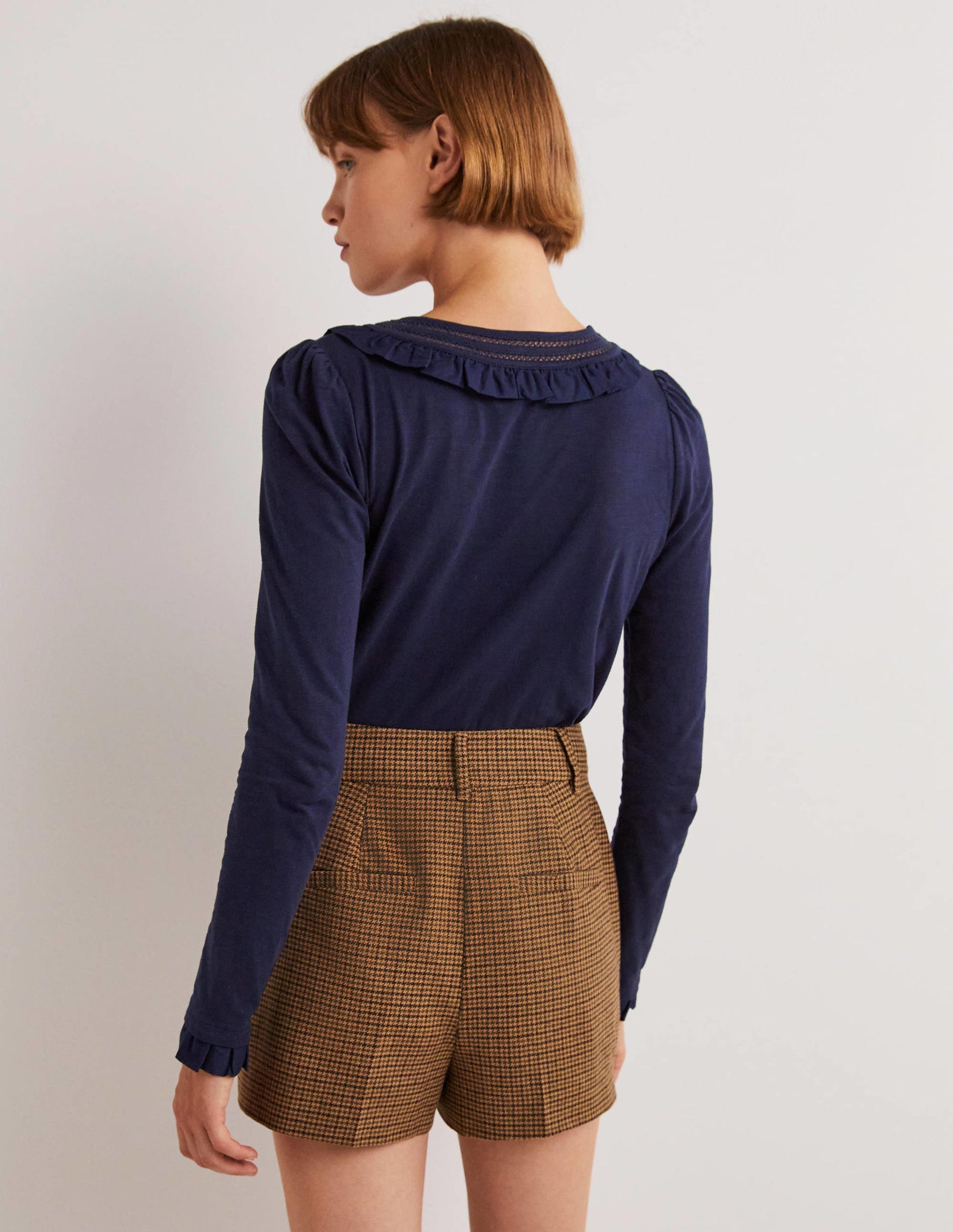 Frill Trim Crew Neck Top-Navy-3