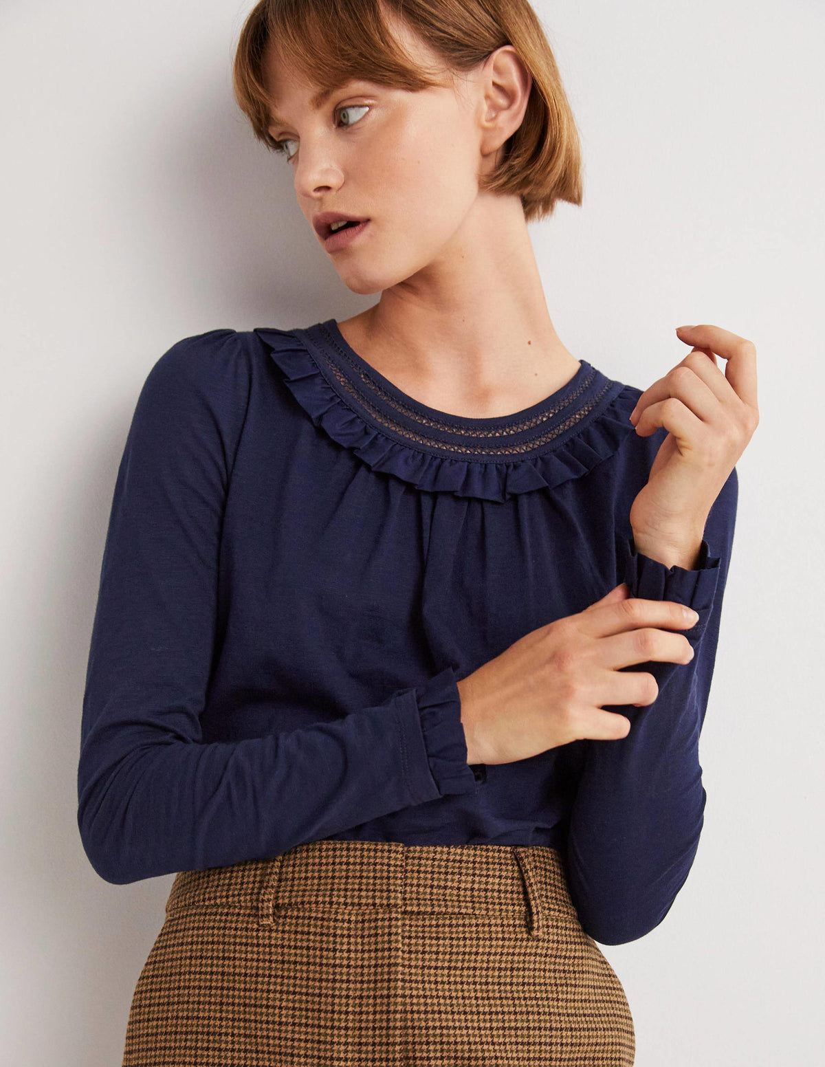 Frill Trim Crew Neck Top-Navy-4