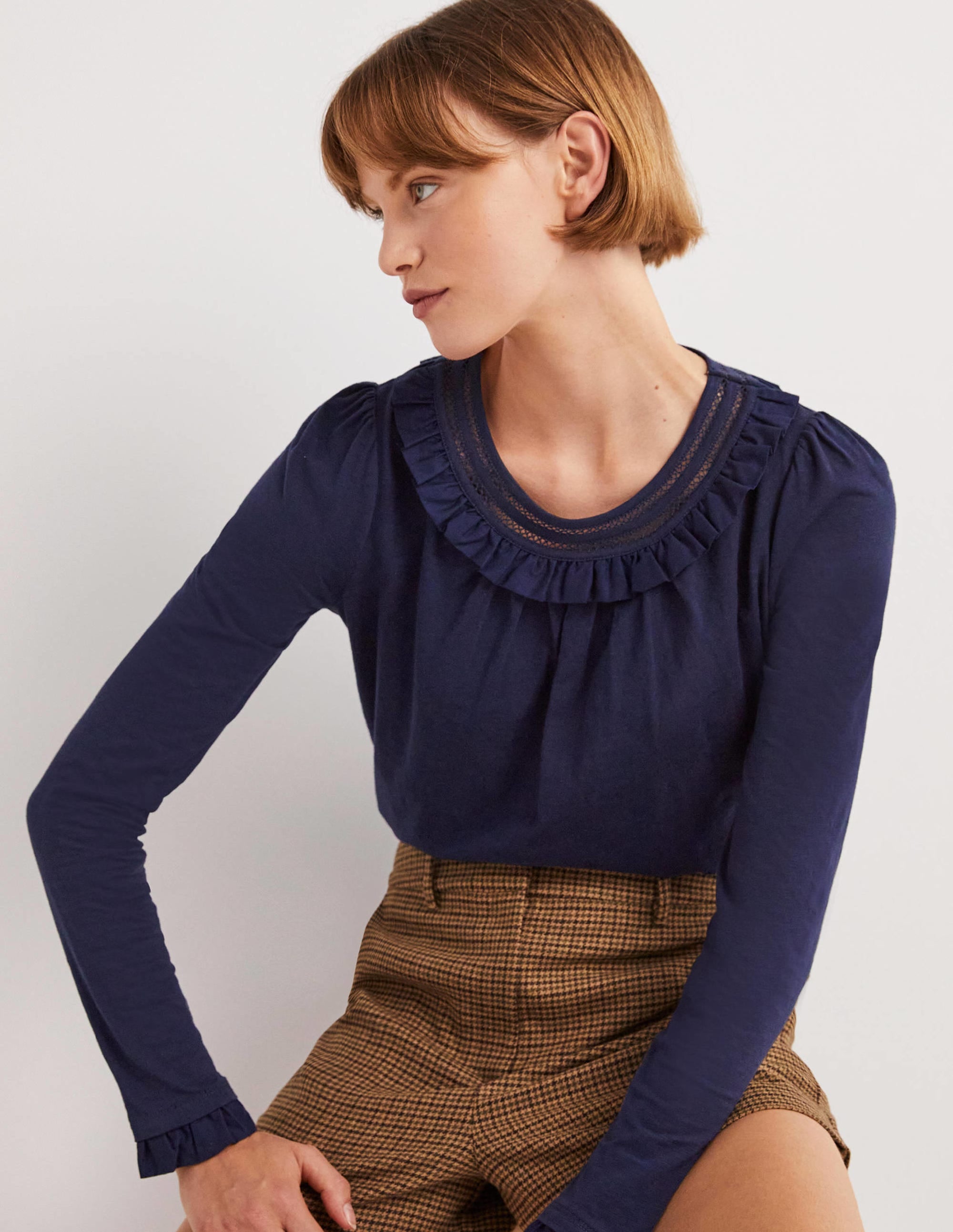 Frill Trim Crew Neck Top-Navy - Image 5
