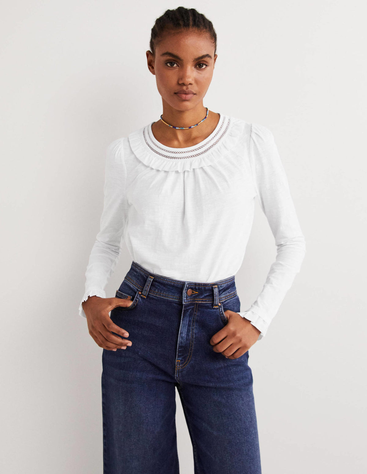 Frill Trim Crew Neck Top-White-1
