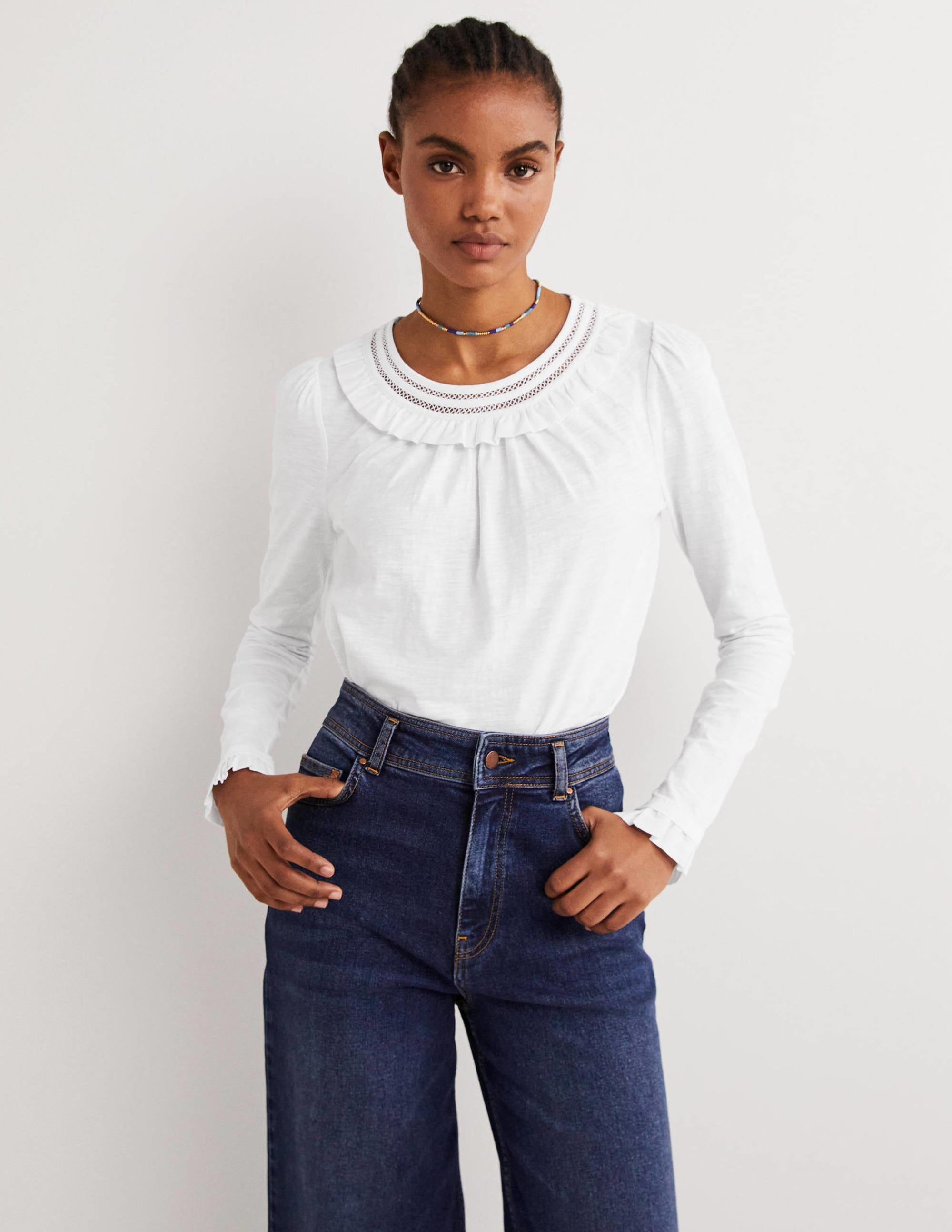 Frill Trim Crew Neck Top-White - Image 1