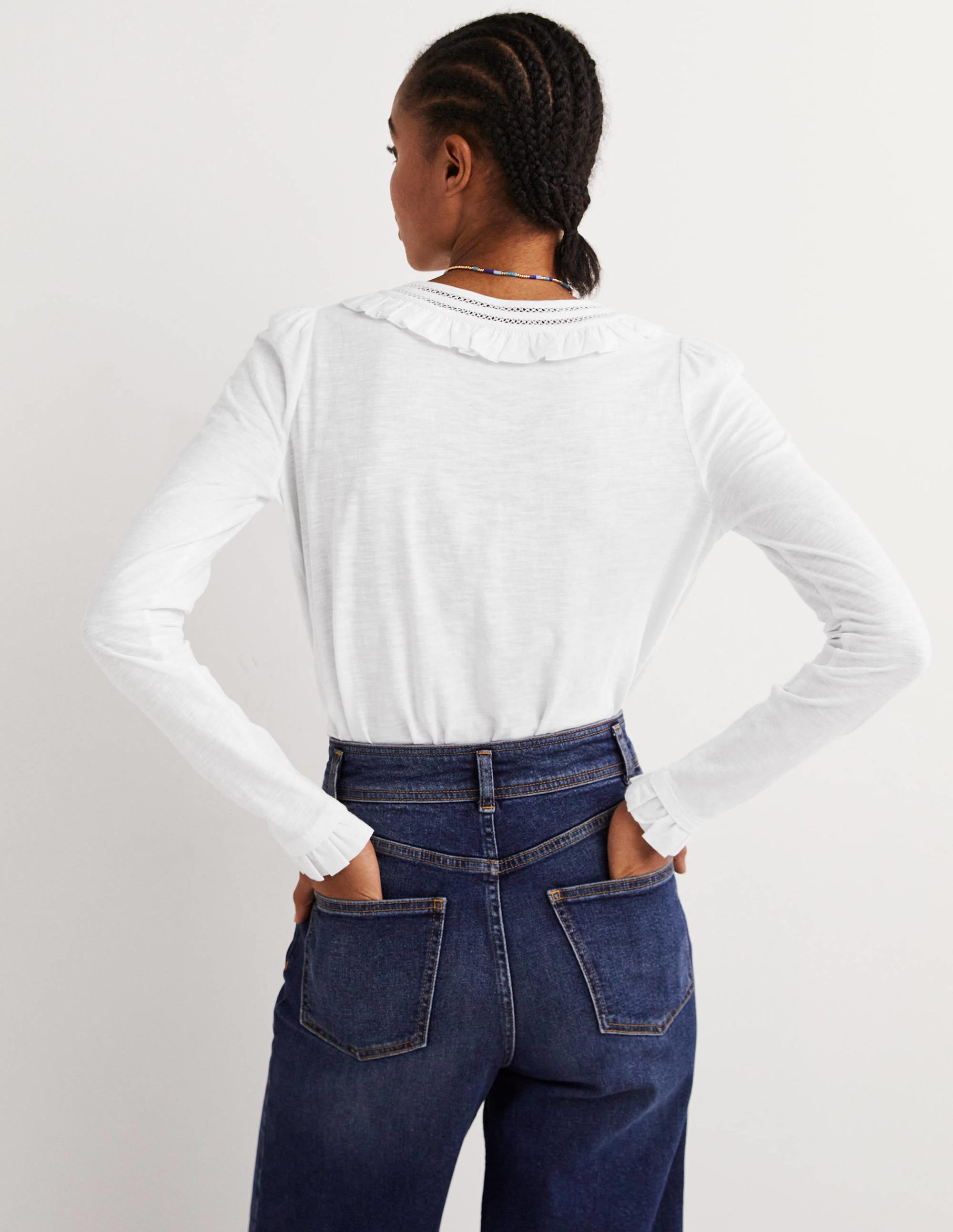 Frill Trim Crew Neck Top-White - Image 3