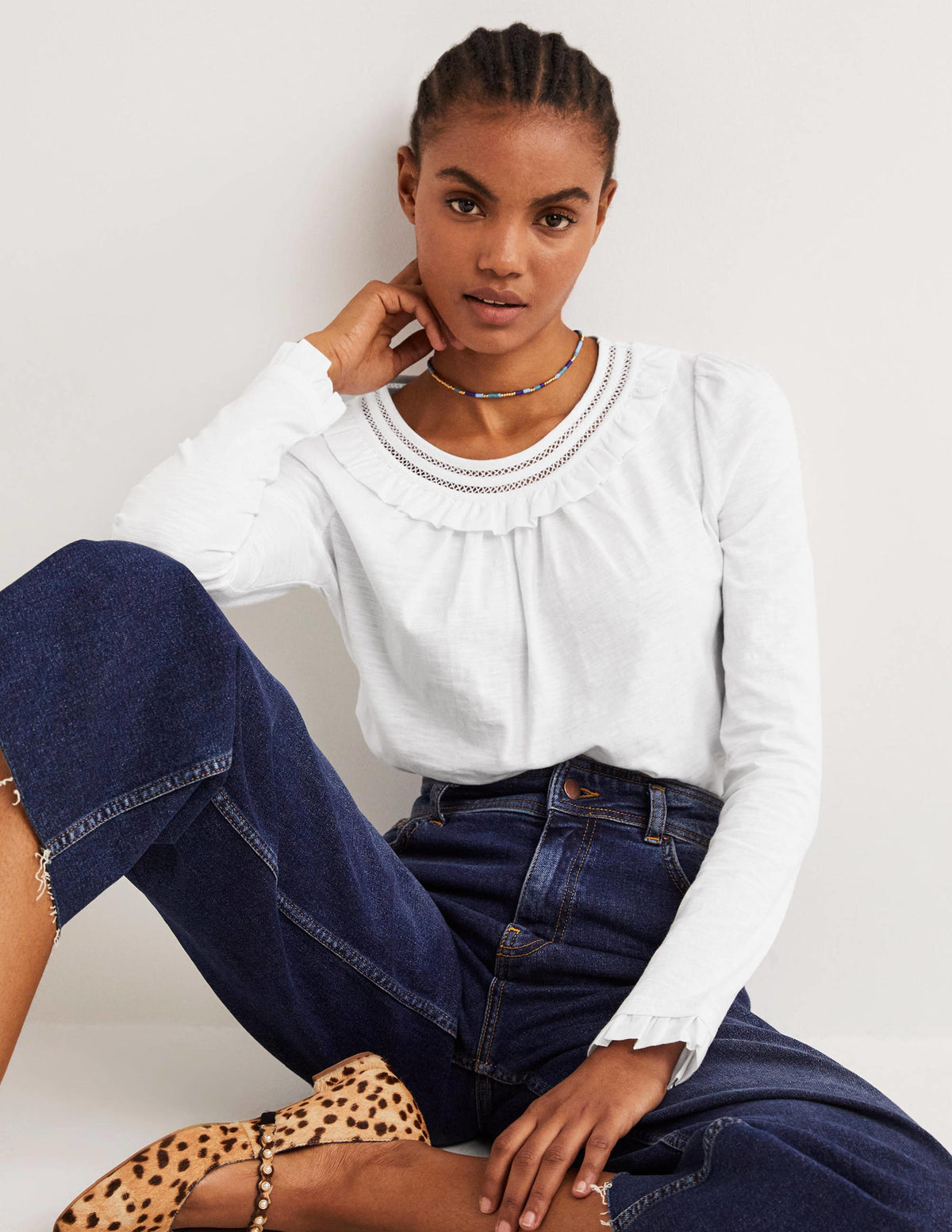 Frill Trim Crew Neck Top-White-4