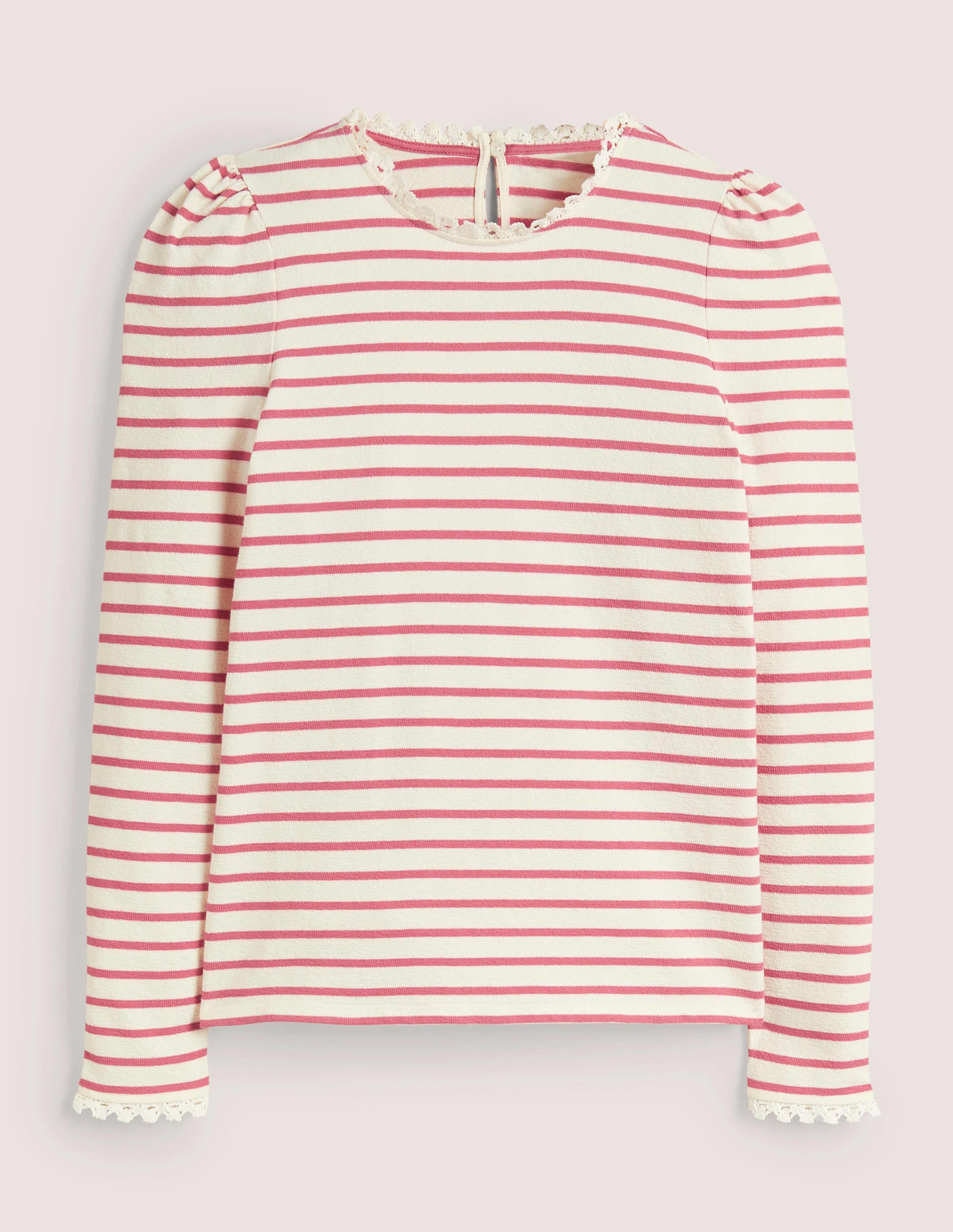 Crochet Trim Crew Neck Top-Ivory, Dusty Red Stripe - Image 6