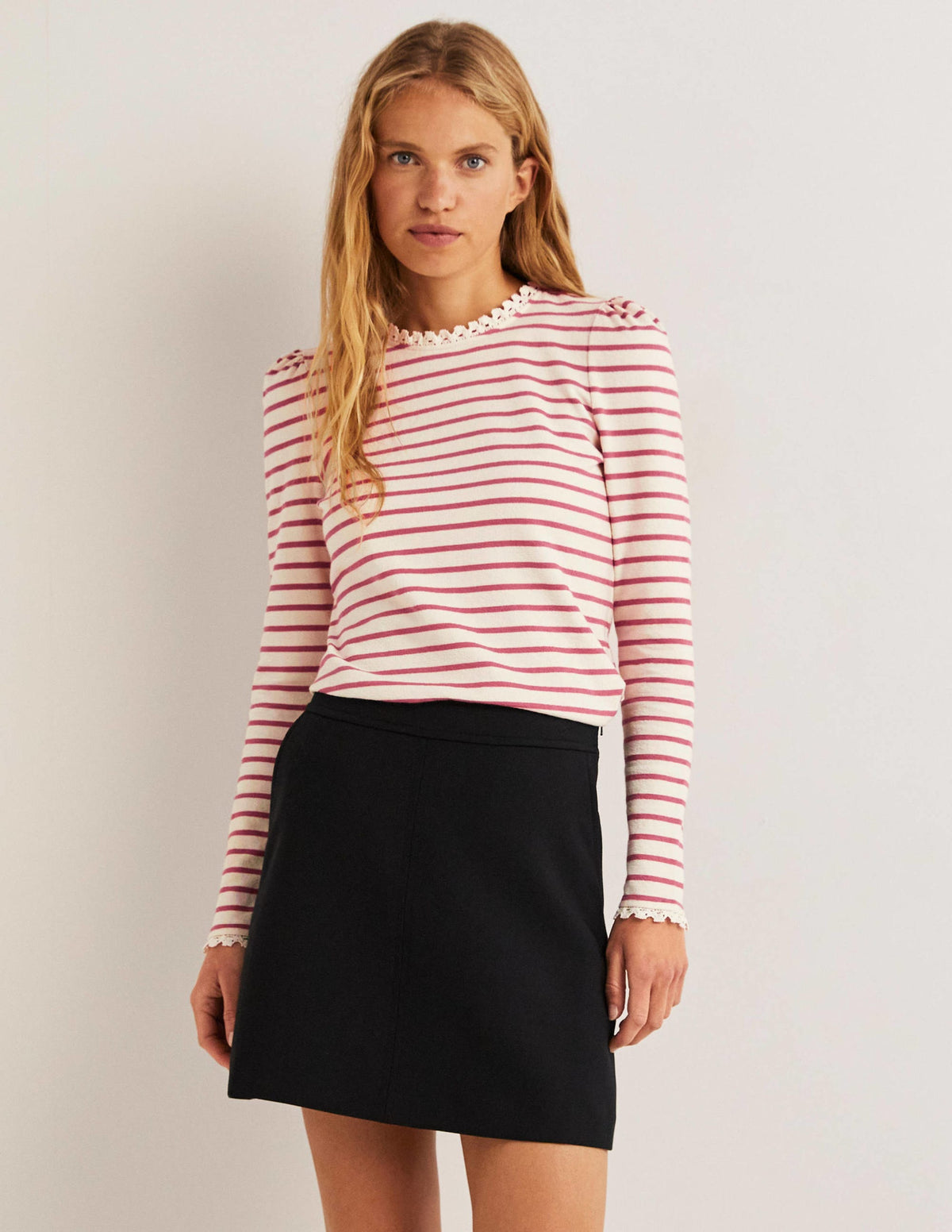 Crochet Trim Crew Neck Top-Ivory, Dusty Red Stripe-1