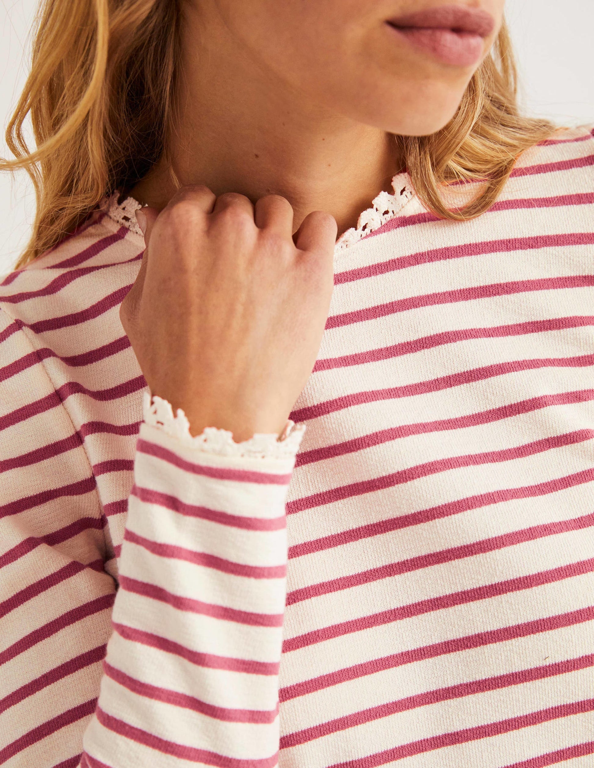 Crochet Trim Crew Neck Top-Ivory, Dusty Red Stripe-2