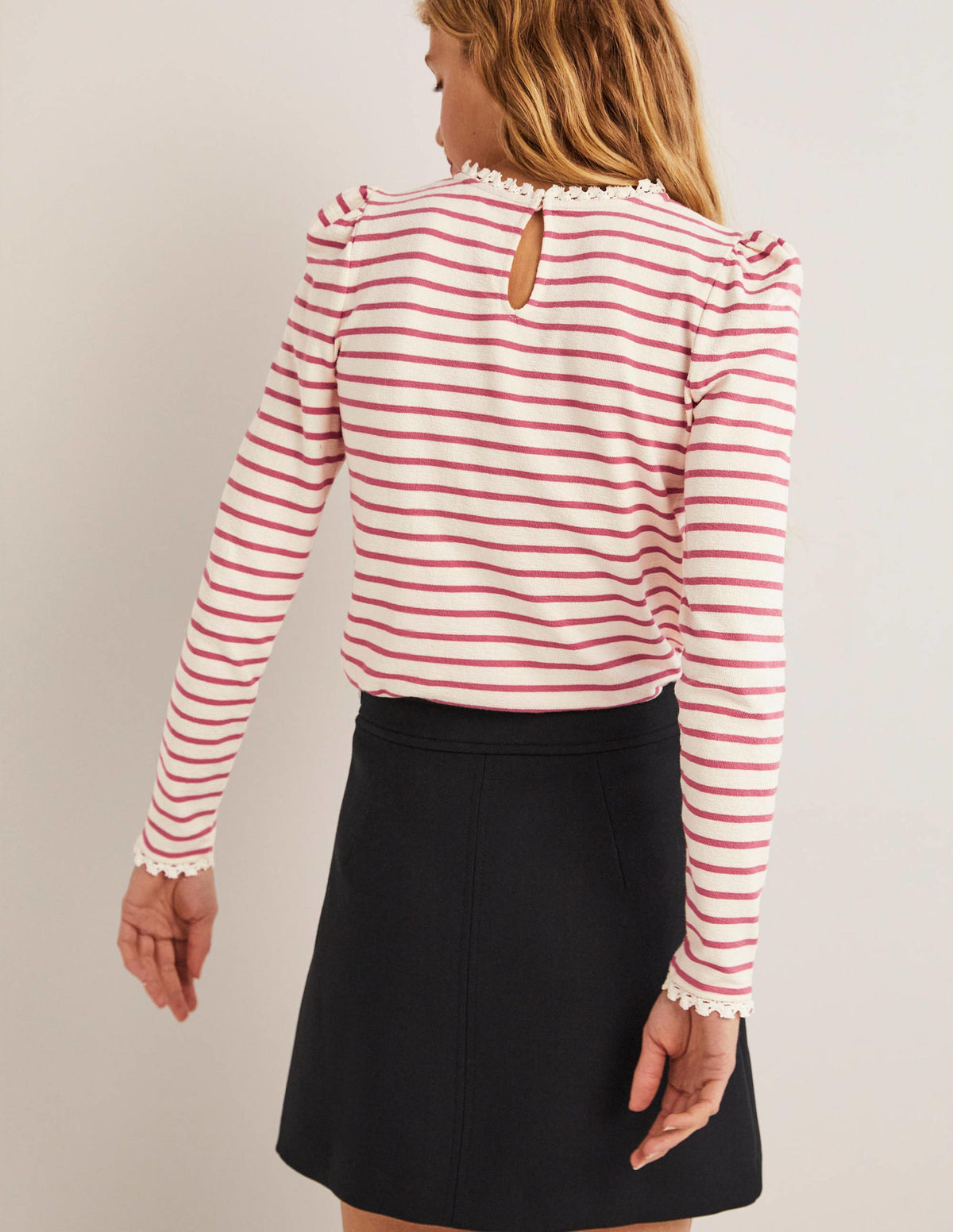 Crochet Trim Crew Neck Top-Ivory, Dusty Red Stripe-3