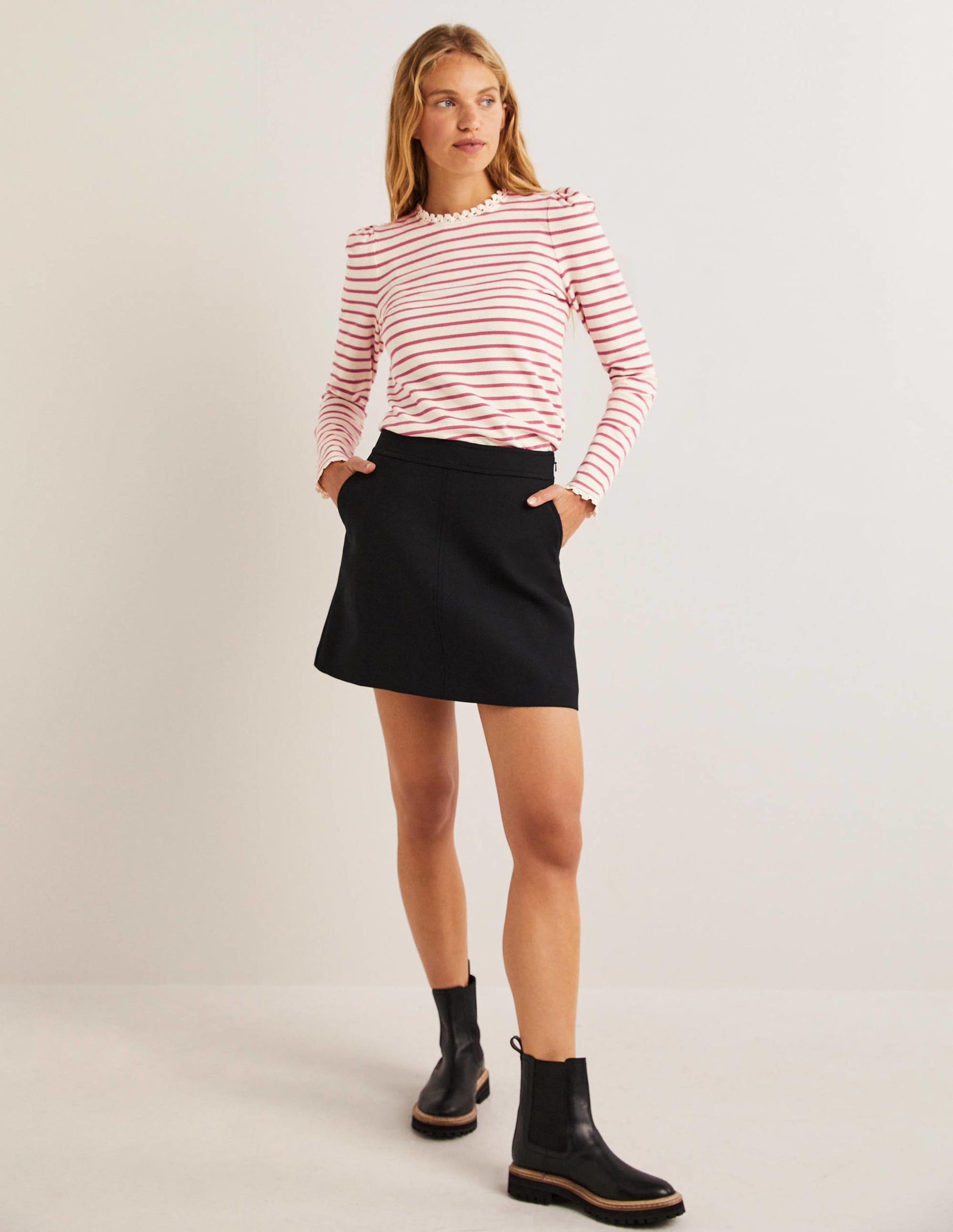 Crochet Trim Crew Neck Top-Ivory, Dusty Red Stripe-5