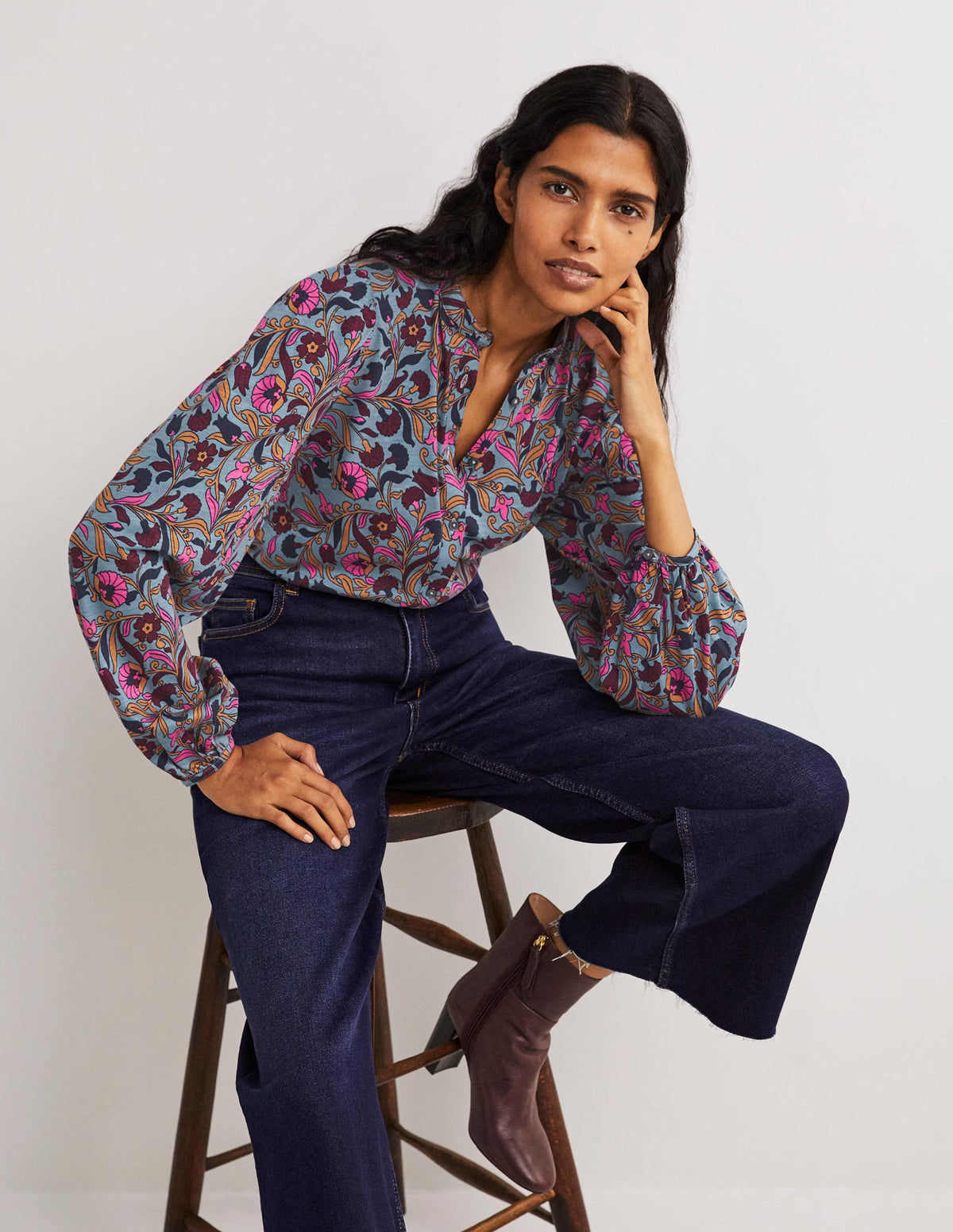 Deep Sleeve Jersey Shirt-Mid Blue, Enchanting Vine - Image 1