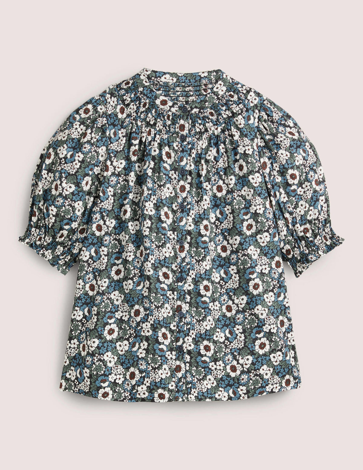 Smocked Silk Blend Blouse-Black, Floral Lawn-10