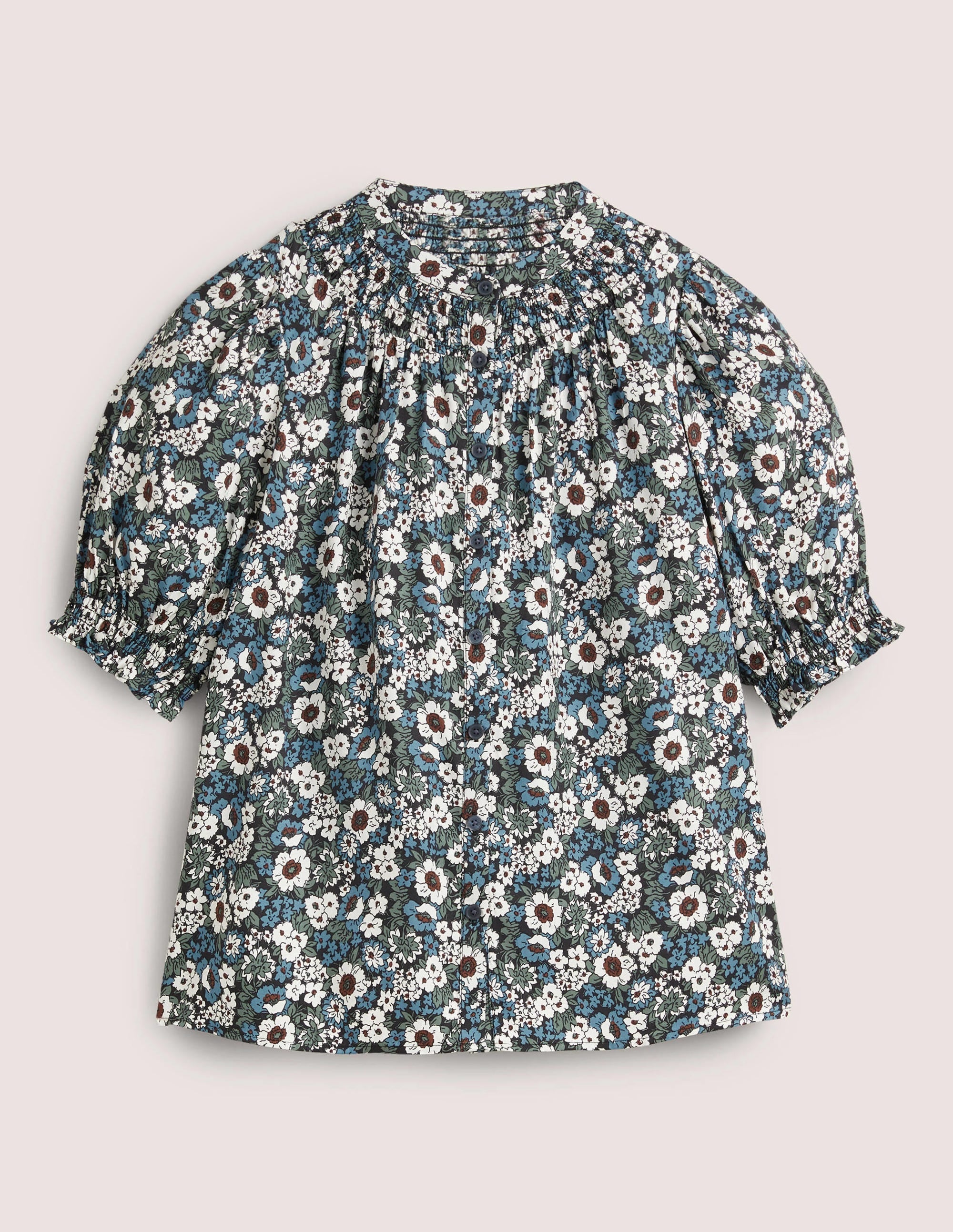 Smocked Silk Blend Blouse-Black, Floral Lawn - Image 10