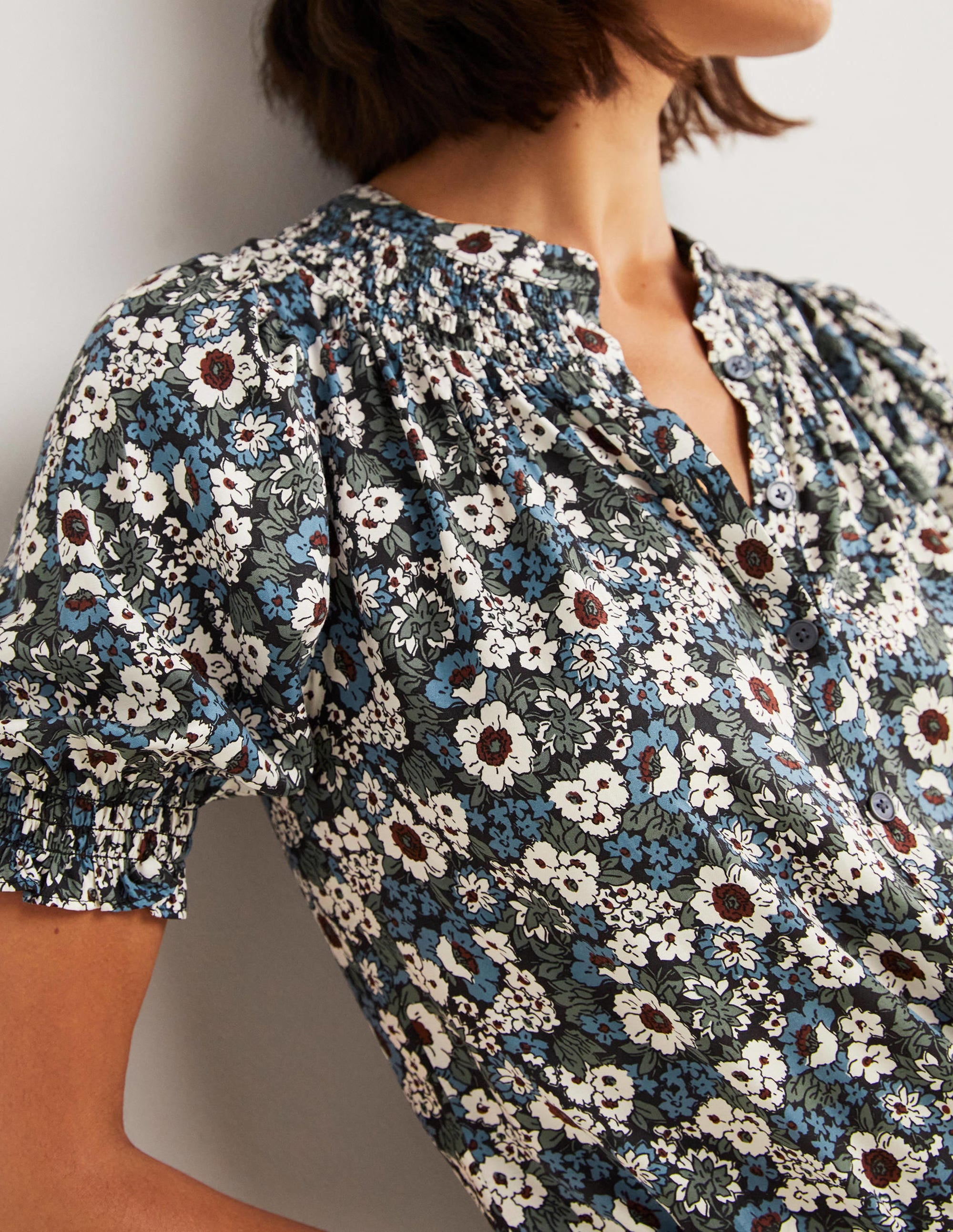 Smocked Silk Blend Blouse-Black, Floral Lawn - Image 2