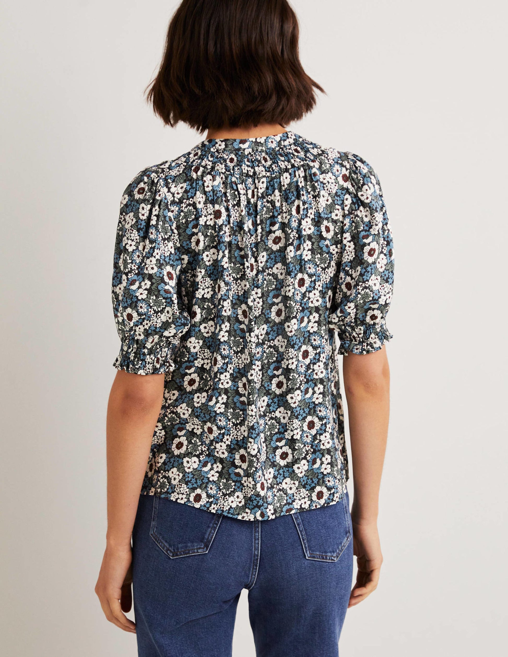 Smocked Silk Blend Blouse-Black, Floral Lawn-3