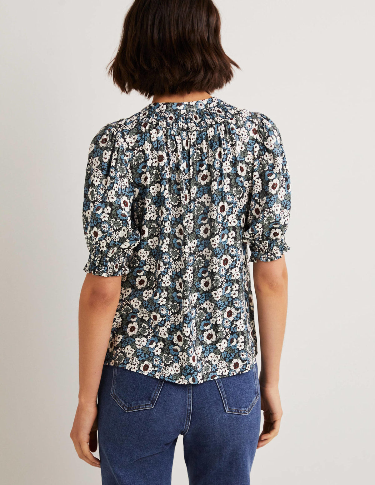 Smocked Silk Blend Blouse-Black, Floral Lawn - Image 3