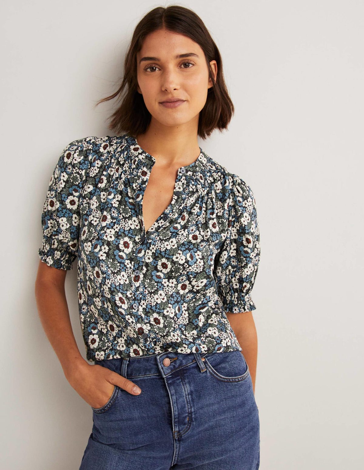 Smocked Silk Blend Blouse-Black, Floral Lawn-4