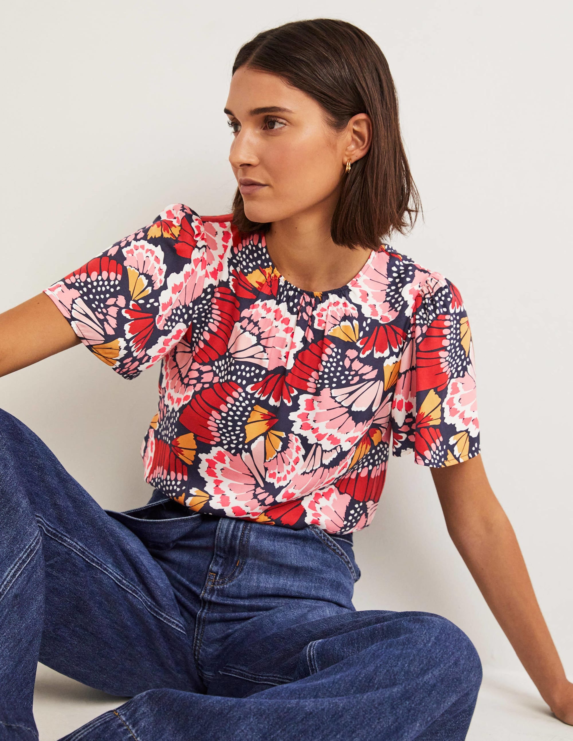 Flutter Sleeve Crew Neck Top-Multi, Petal Stamp - Image 1