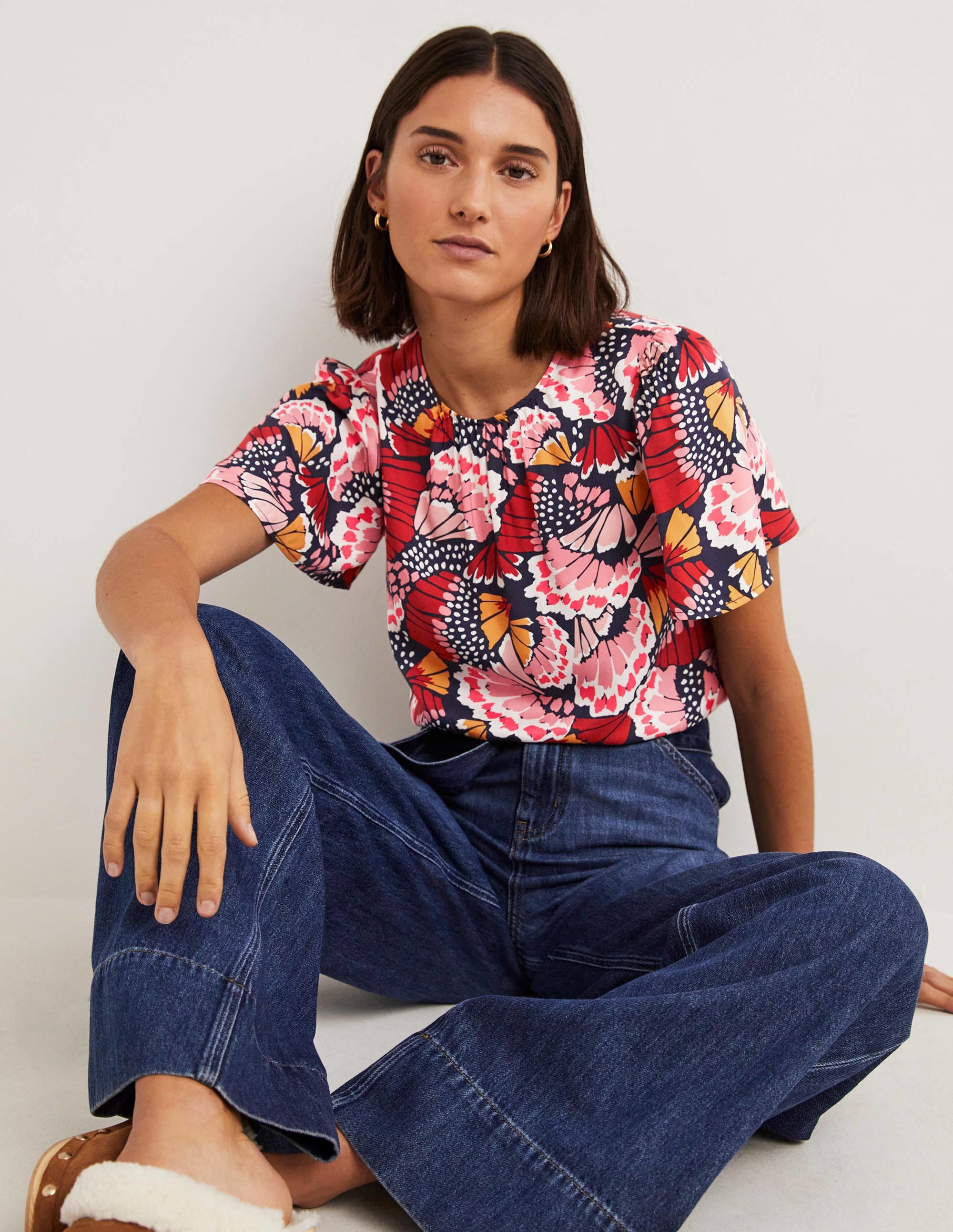 Flutter Sleeve Crew Neck Top-Multi, Petal Stamp - Image 2