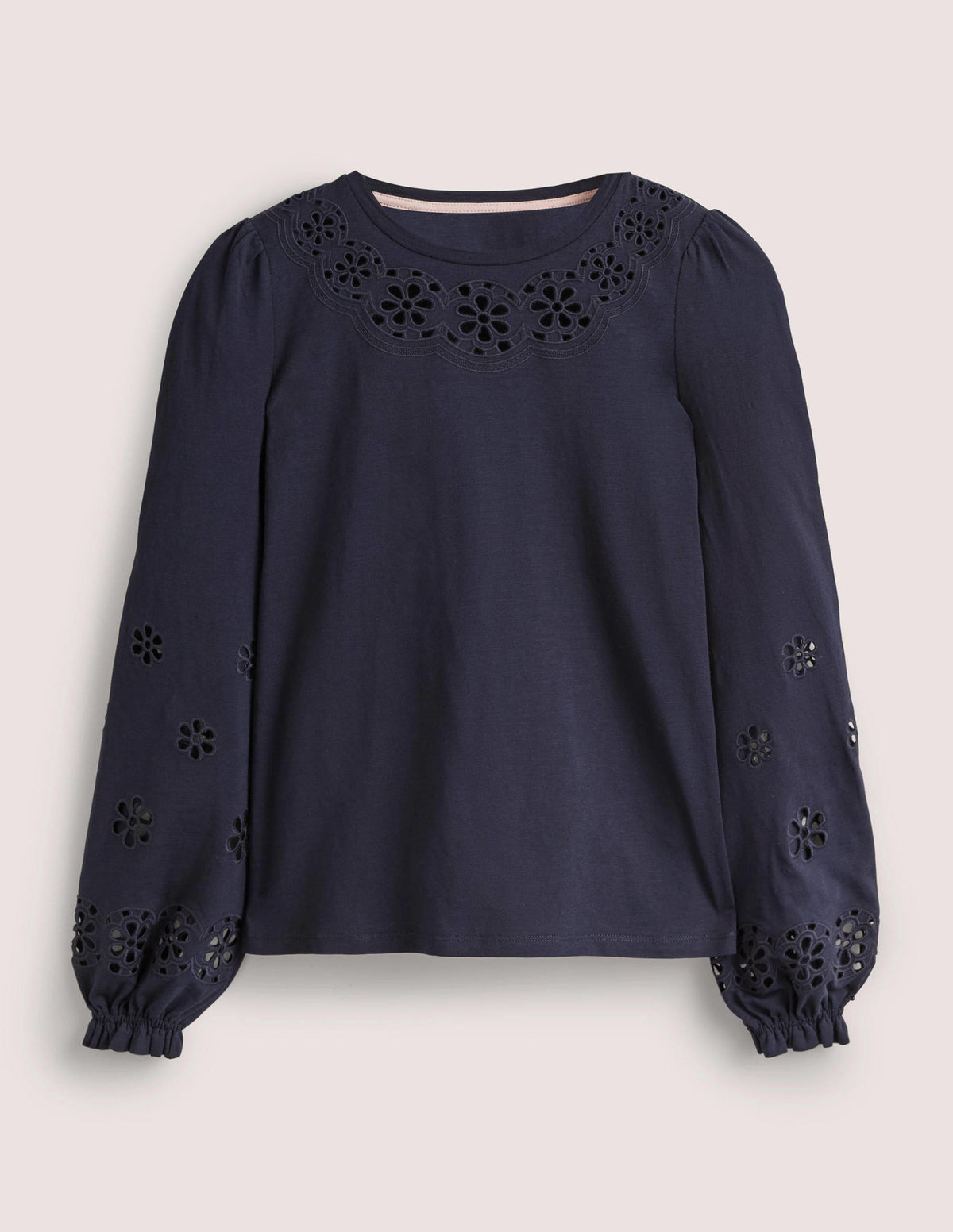 Broderie Insert Jersey Top-Navy-5
