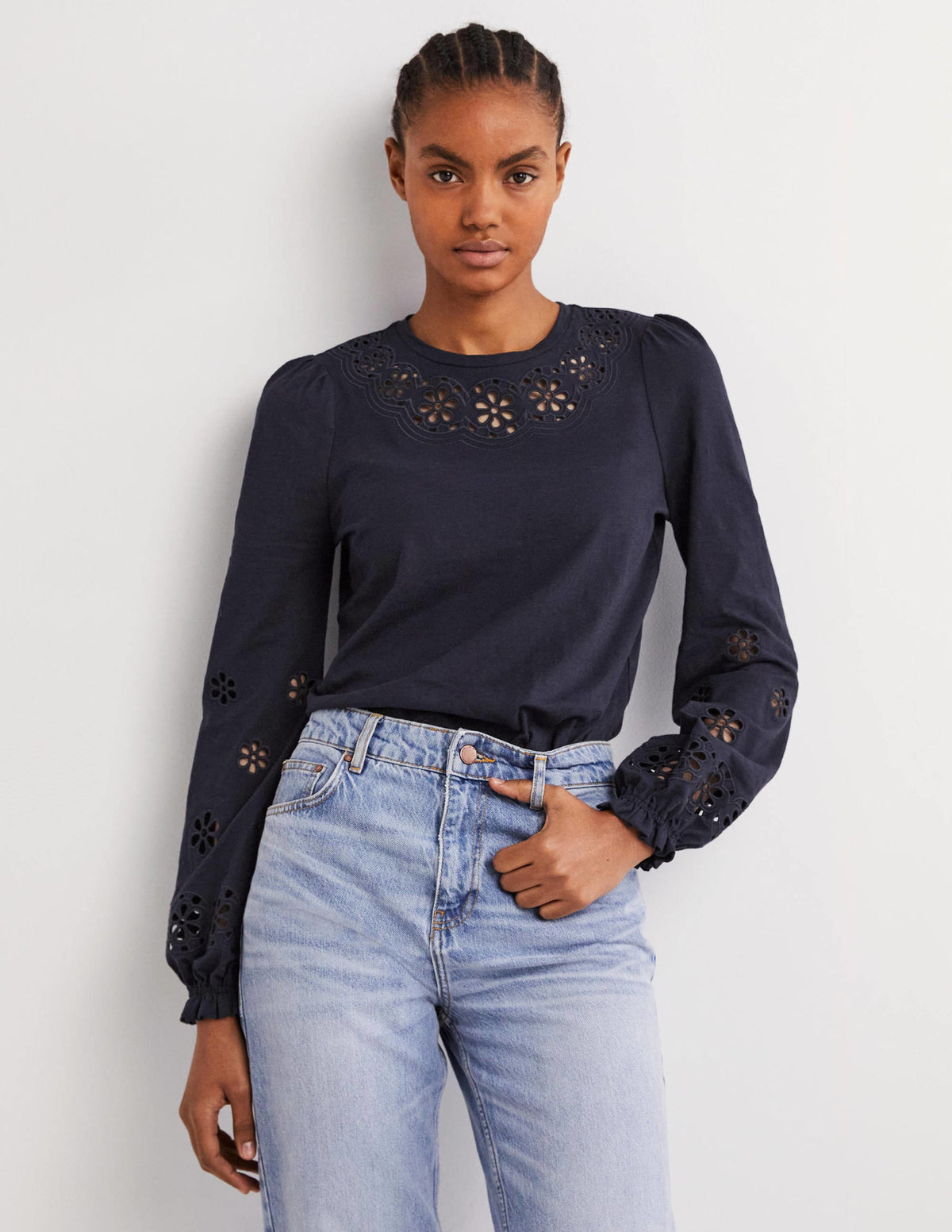 Broderie Insert Jersey Top-Navy-1