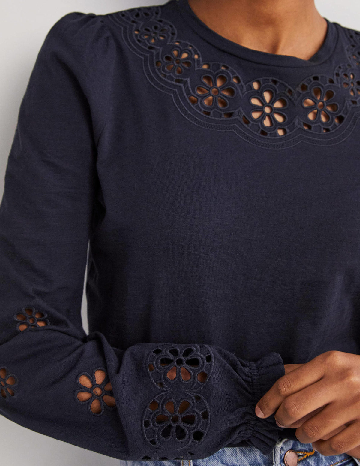 Broderie Insert Jersey Top-Navy-2
