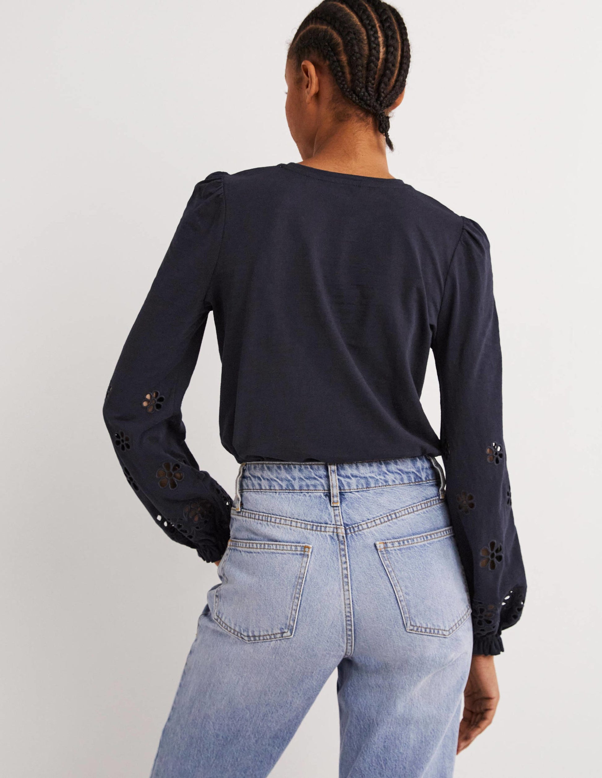 Broderie Insert Jersey Top-Navy-3
