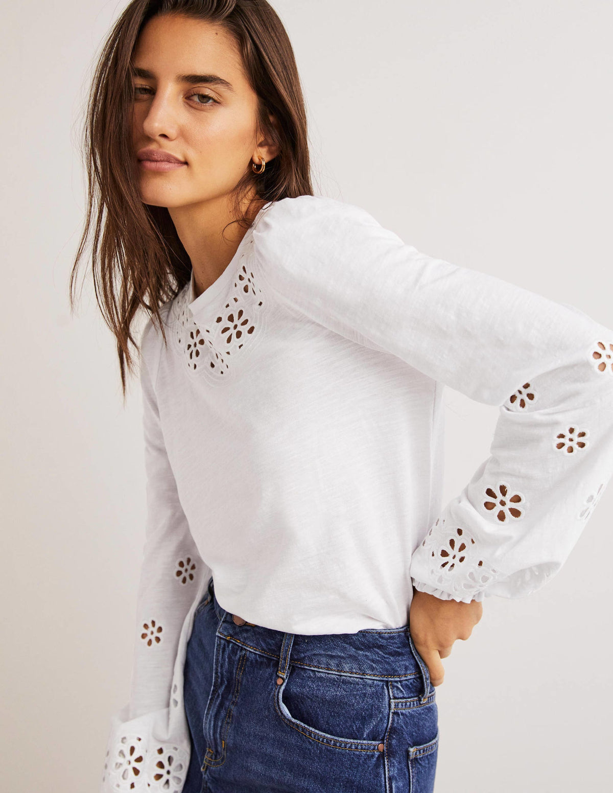 Broderie Insert Jersey Top-White-1