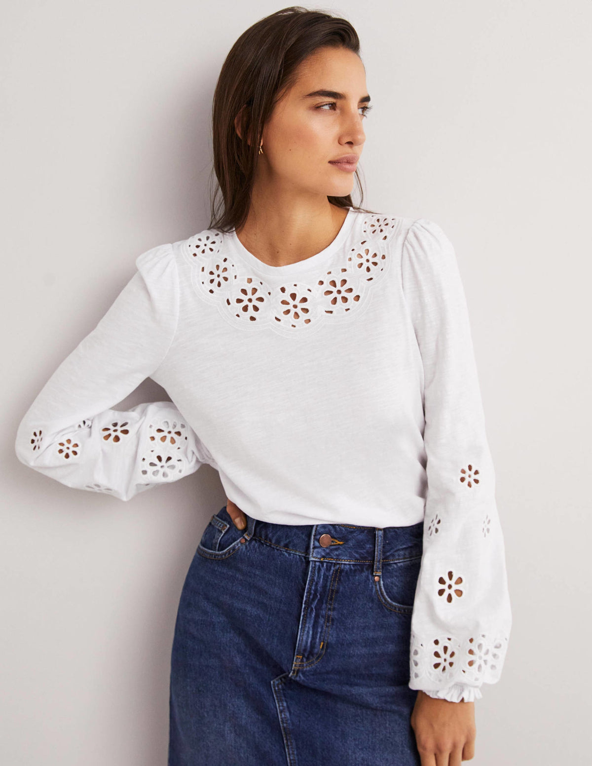 Broderie Insert Jersey Top-White-4