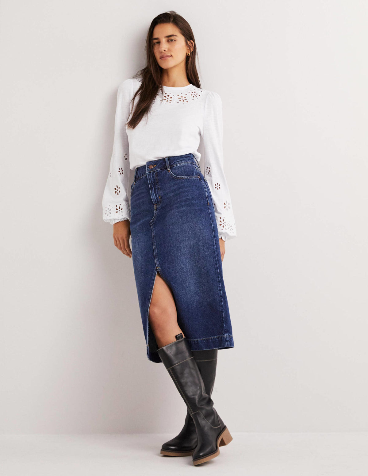 Broderie Insert Jersey Top-White - Image 5