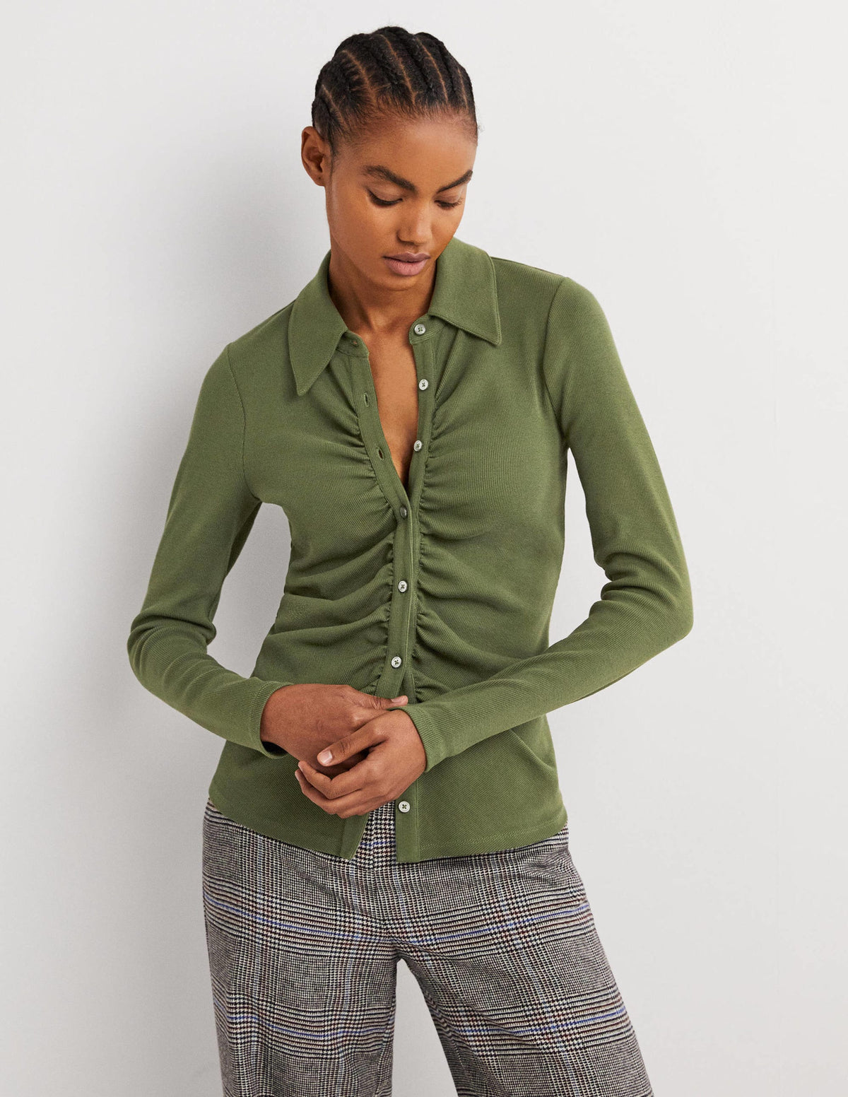 Ruched Front Jersey Shirt-Kale Green - Image 1