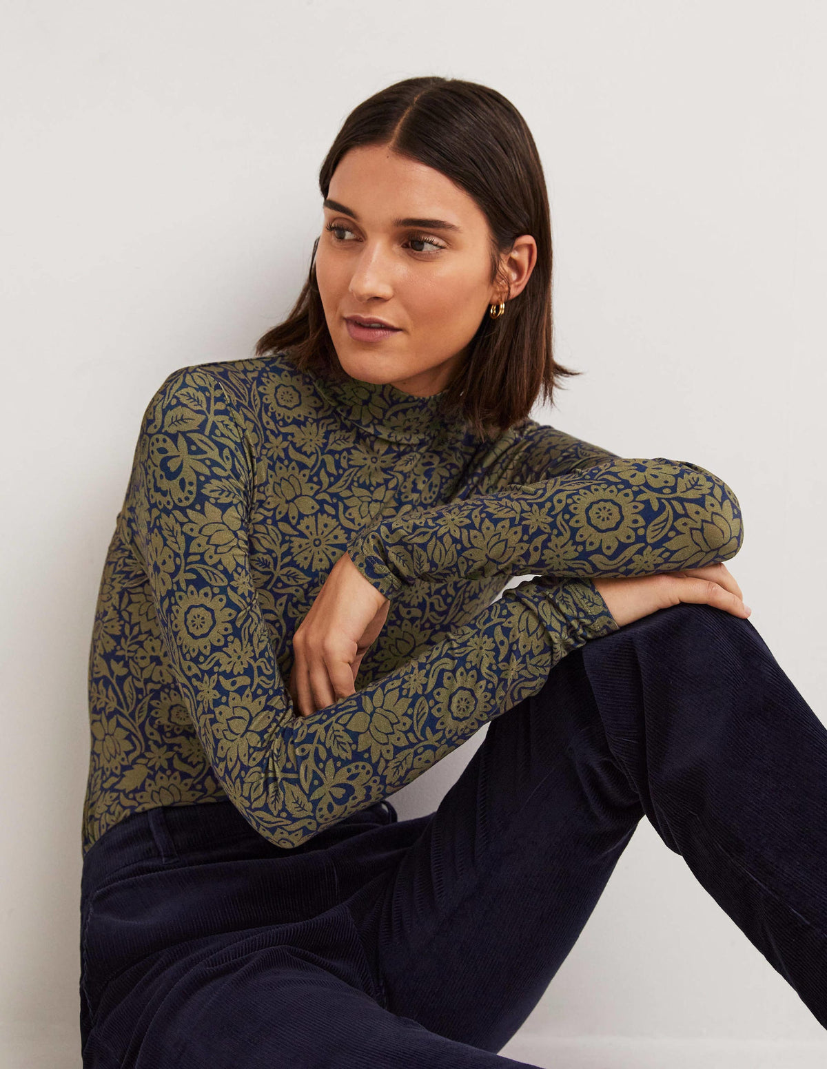 Jersey High Neck Top-Basil, Foliage Bloom - Image 1