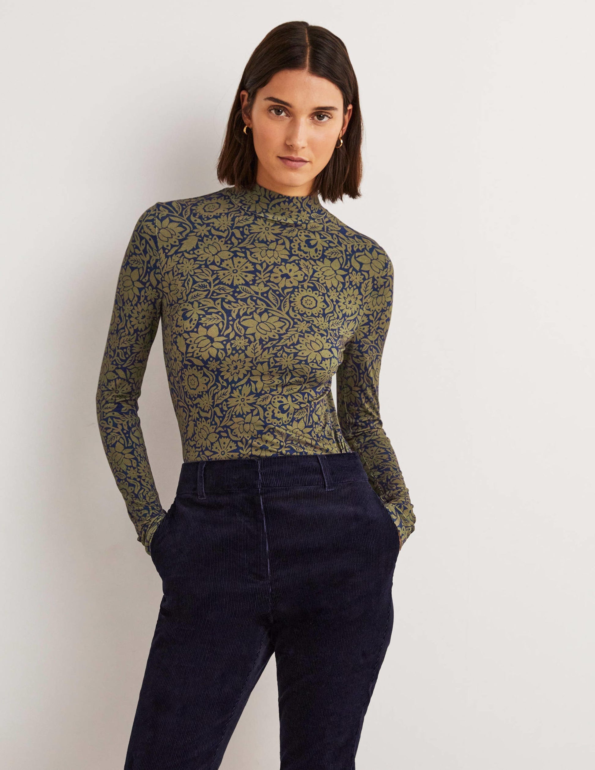 Jersey High Neck Top-Basil, Foliage Bloom-2