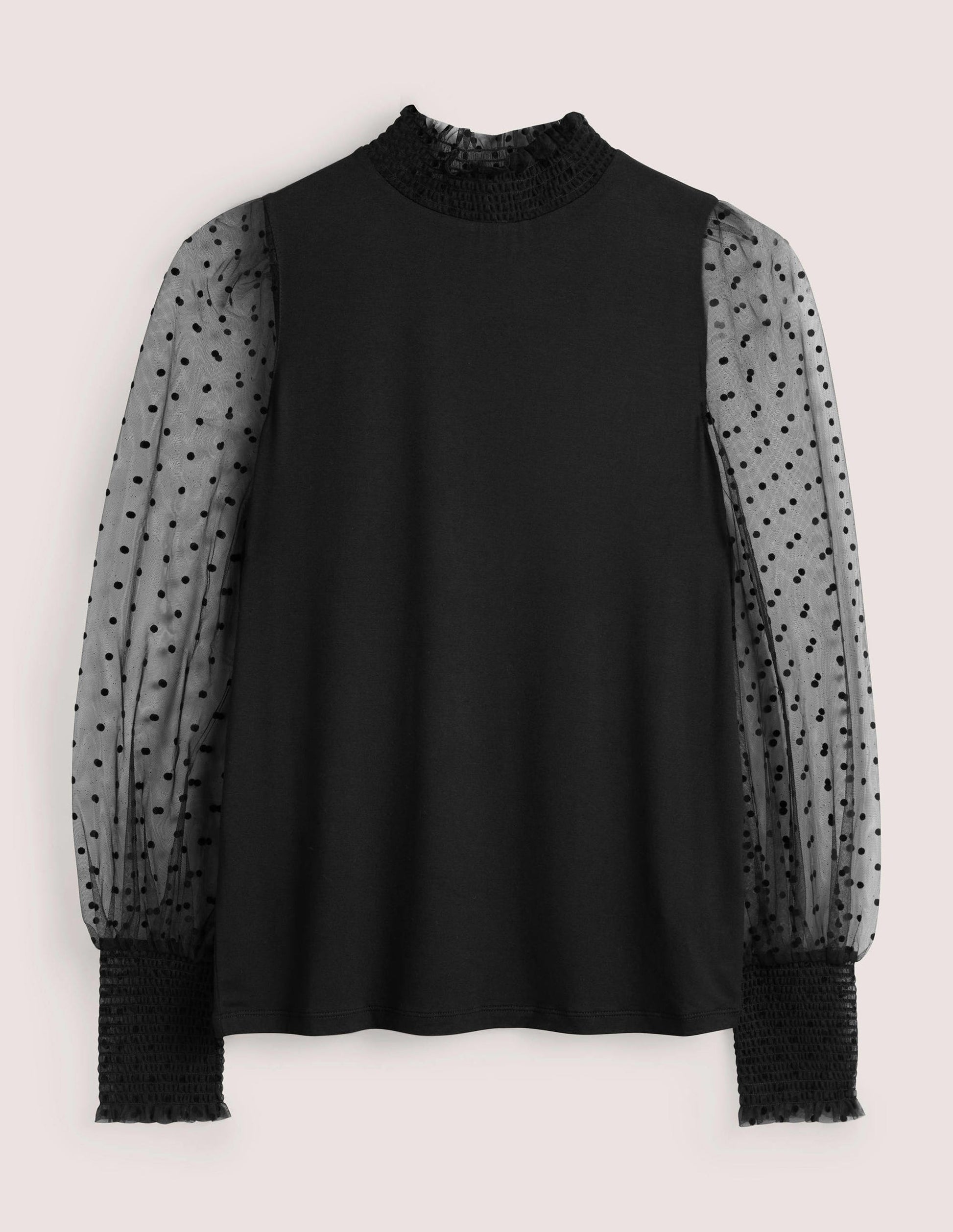Black Polka Dot Tulle-Sleeve Party Top-Black/Black Flocked Spot-6