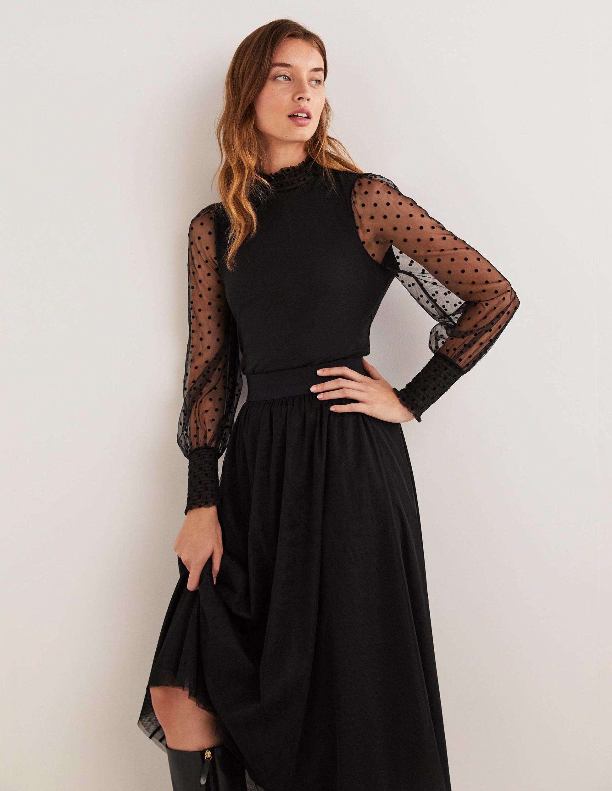 Black Polka Dot Tulle-Sleeve Party Top-Black/Black Flocked Spot-1