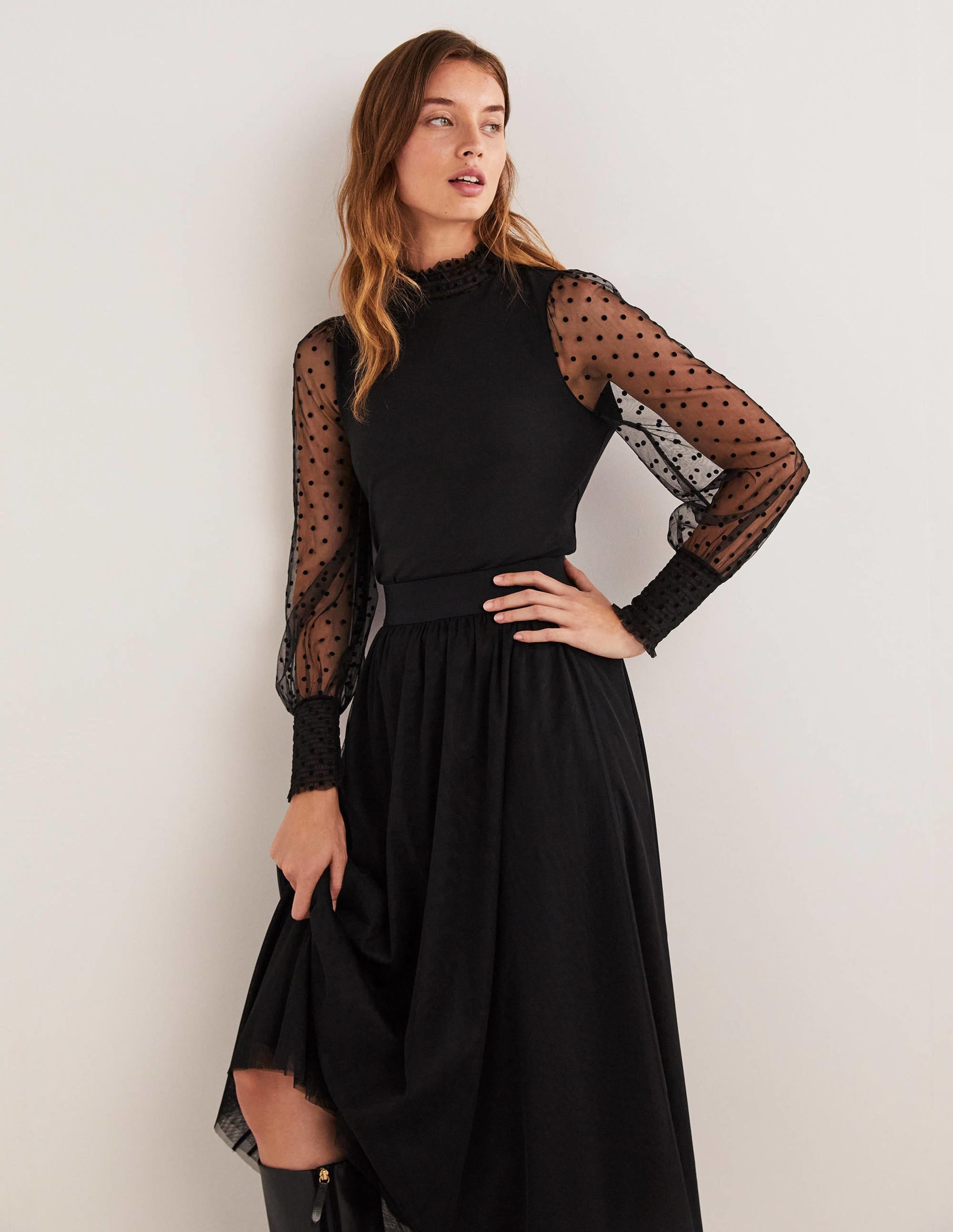 Black Polka Dot Tulle-Sleeve Party Top-Black/Black Flocked Spot - Image 1